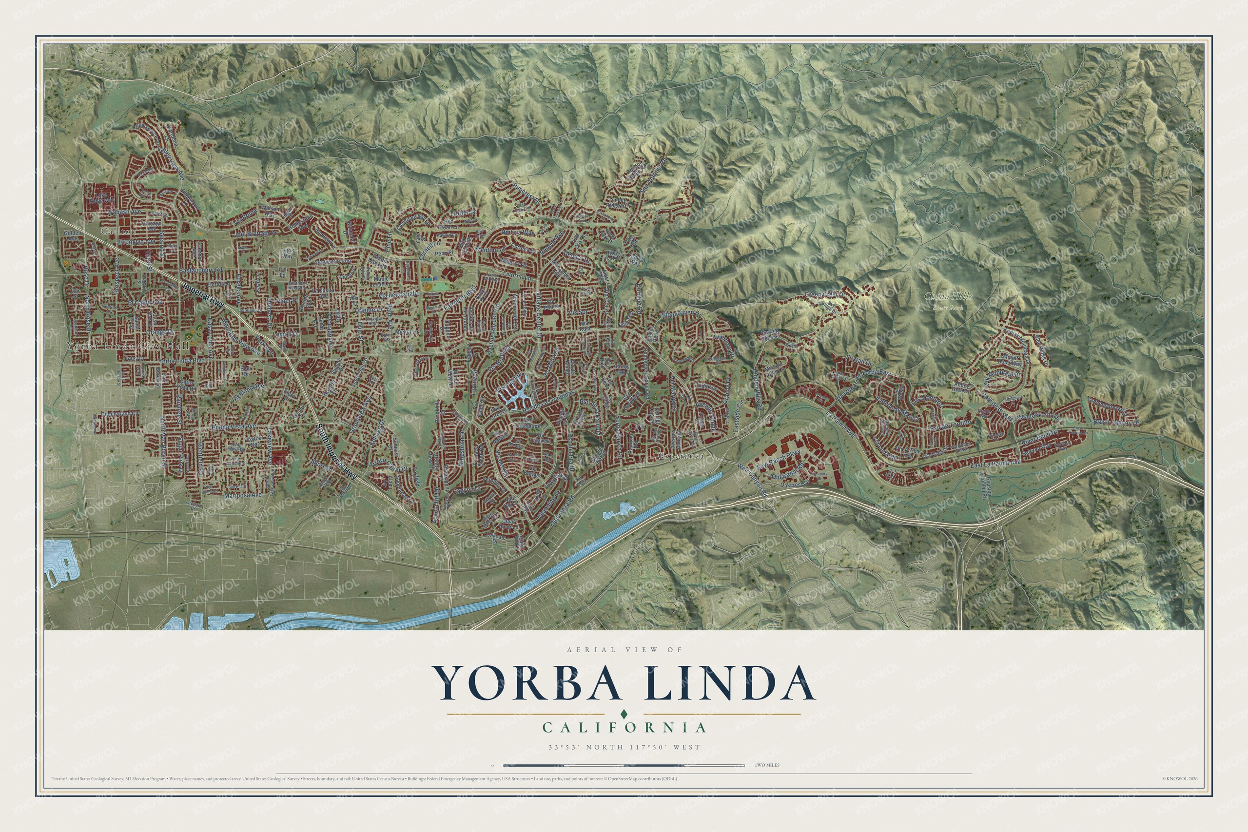 Full map of Yorba Linda, California, with red buildings, printed street names and the land around them