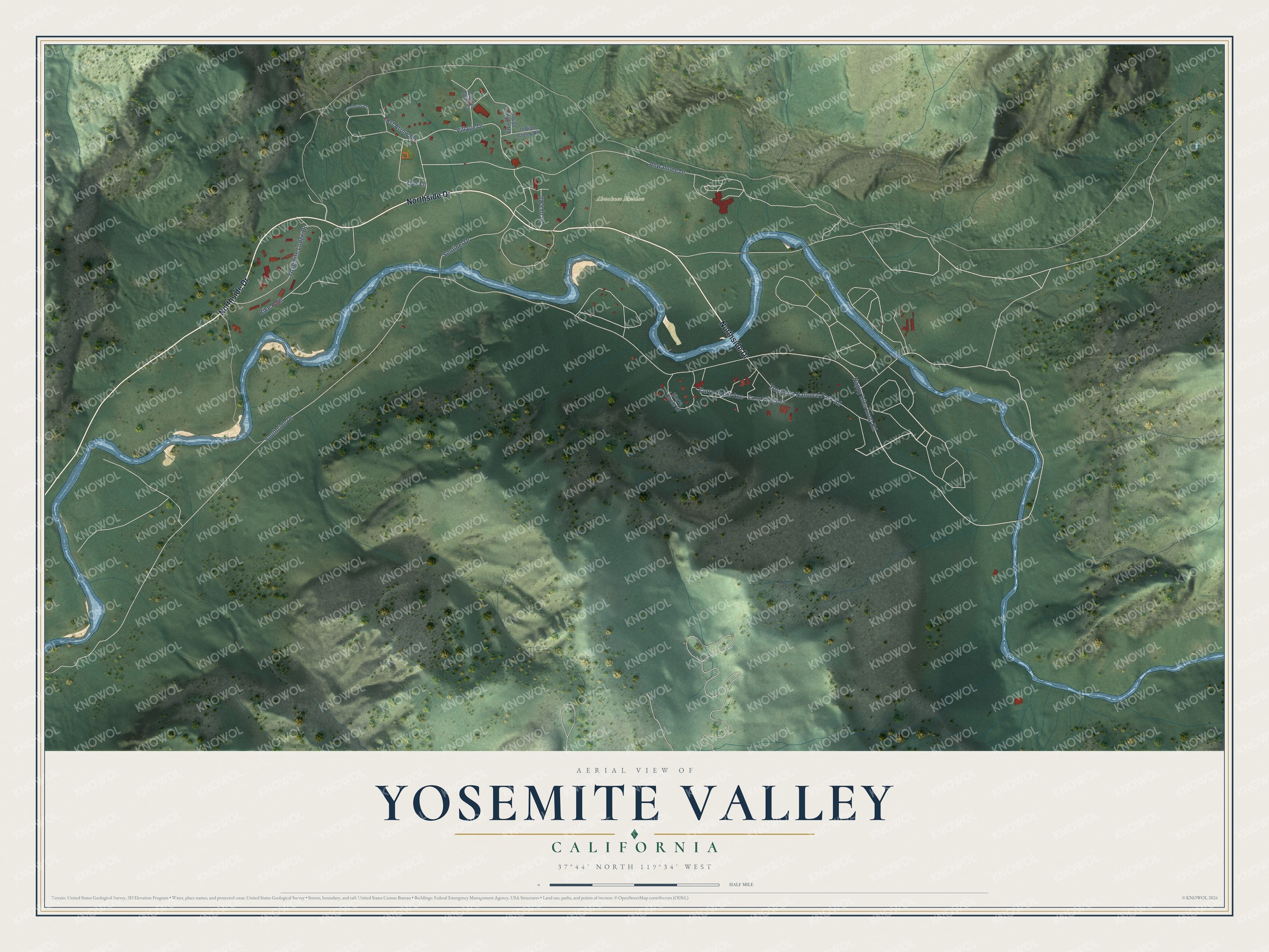 Full map of Yosemite Valley, California, with red buildings, printed street names and the land around them