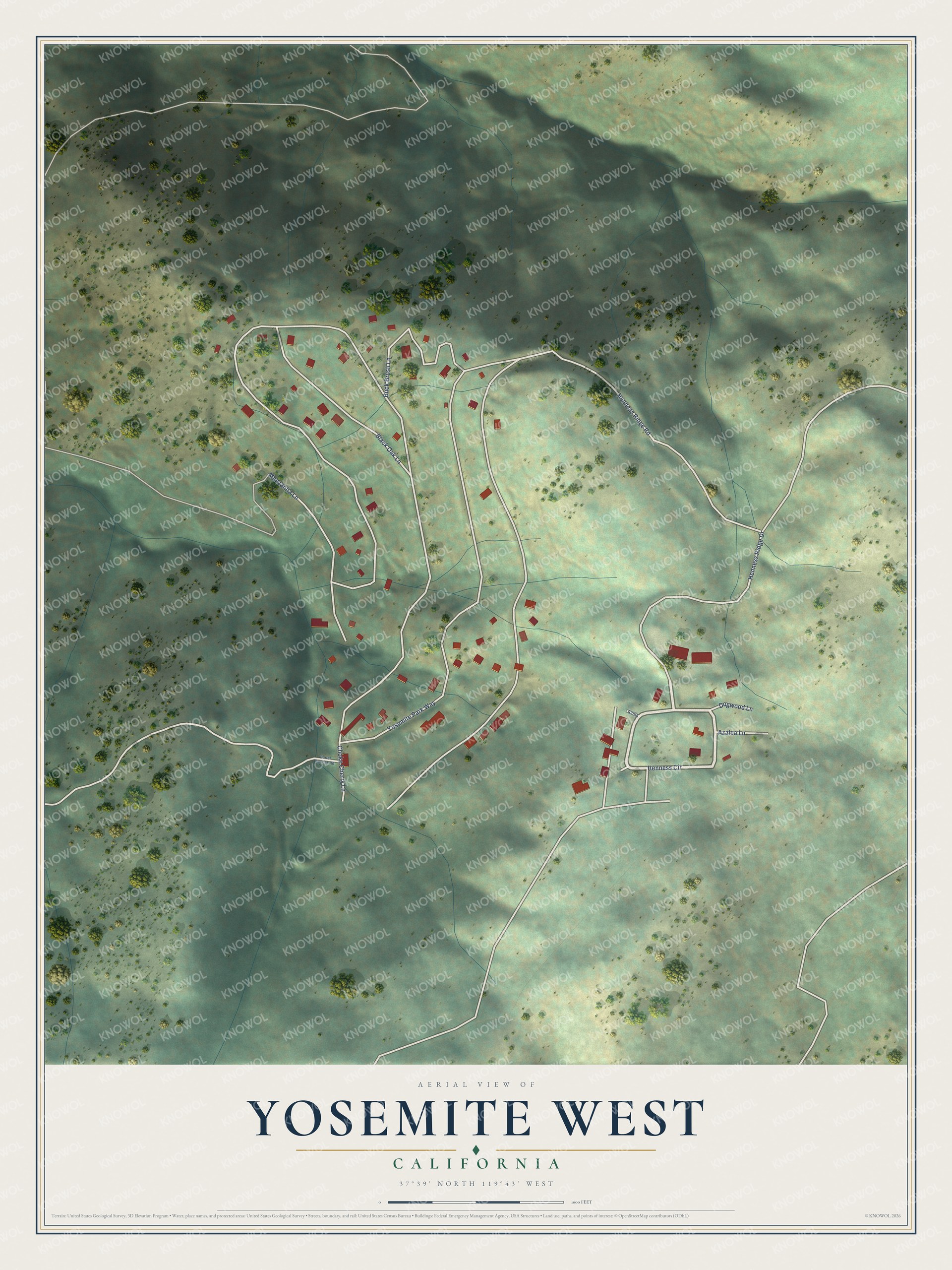Full map of Yosemite West, California, with red buildings, printed street names and the land around them