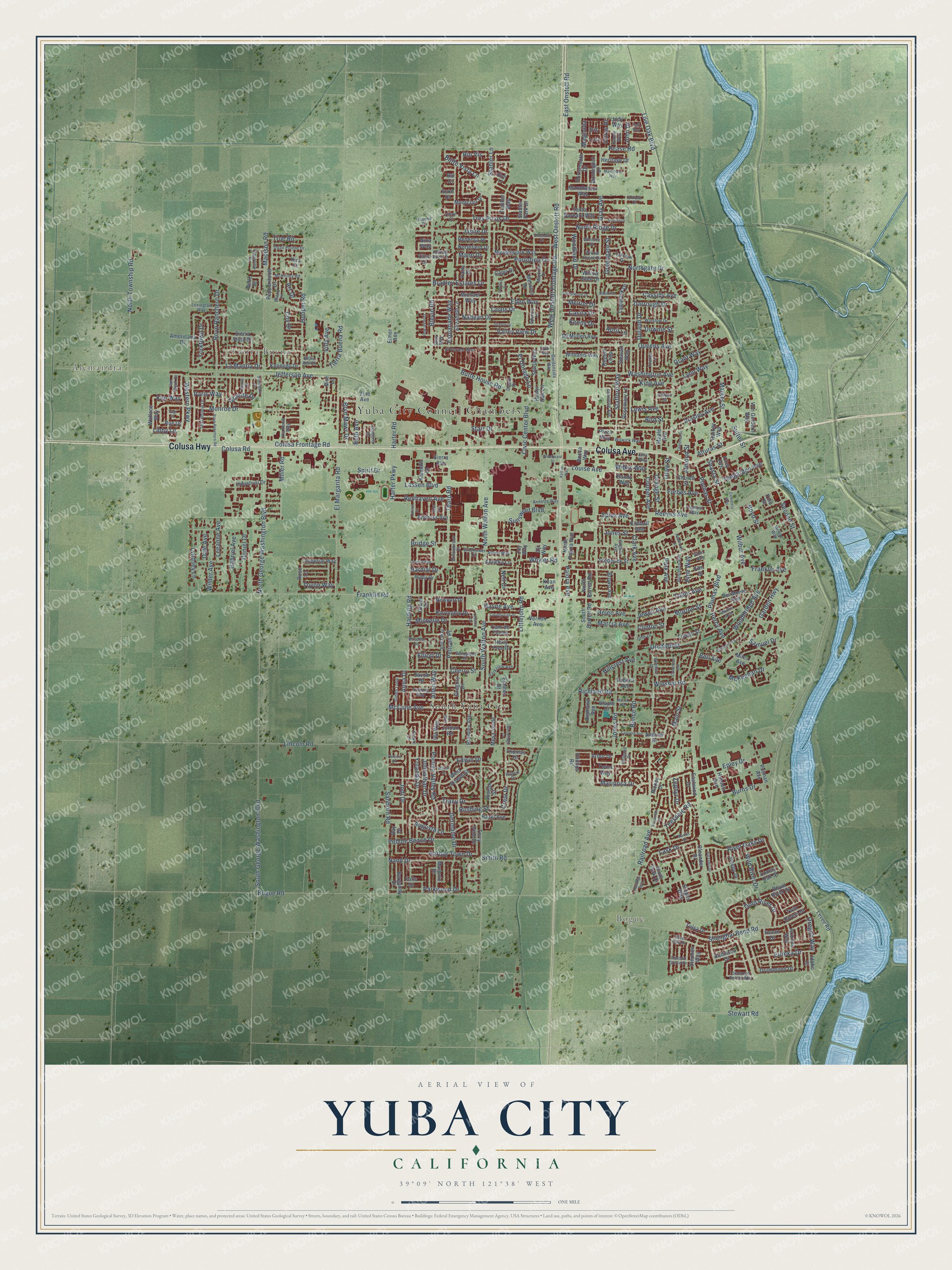 Full map of Yuba City, California, with red buildings, printed street names and the land around them