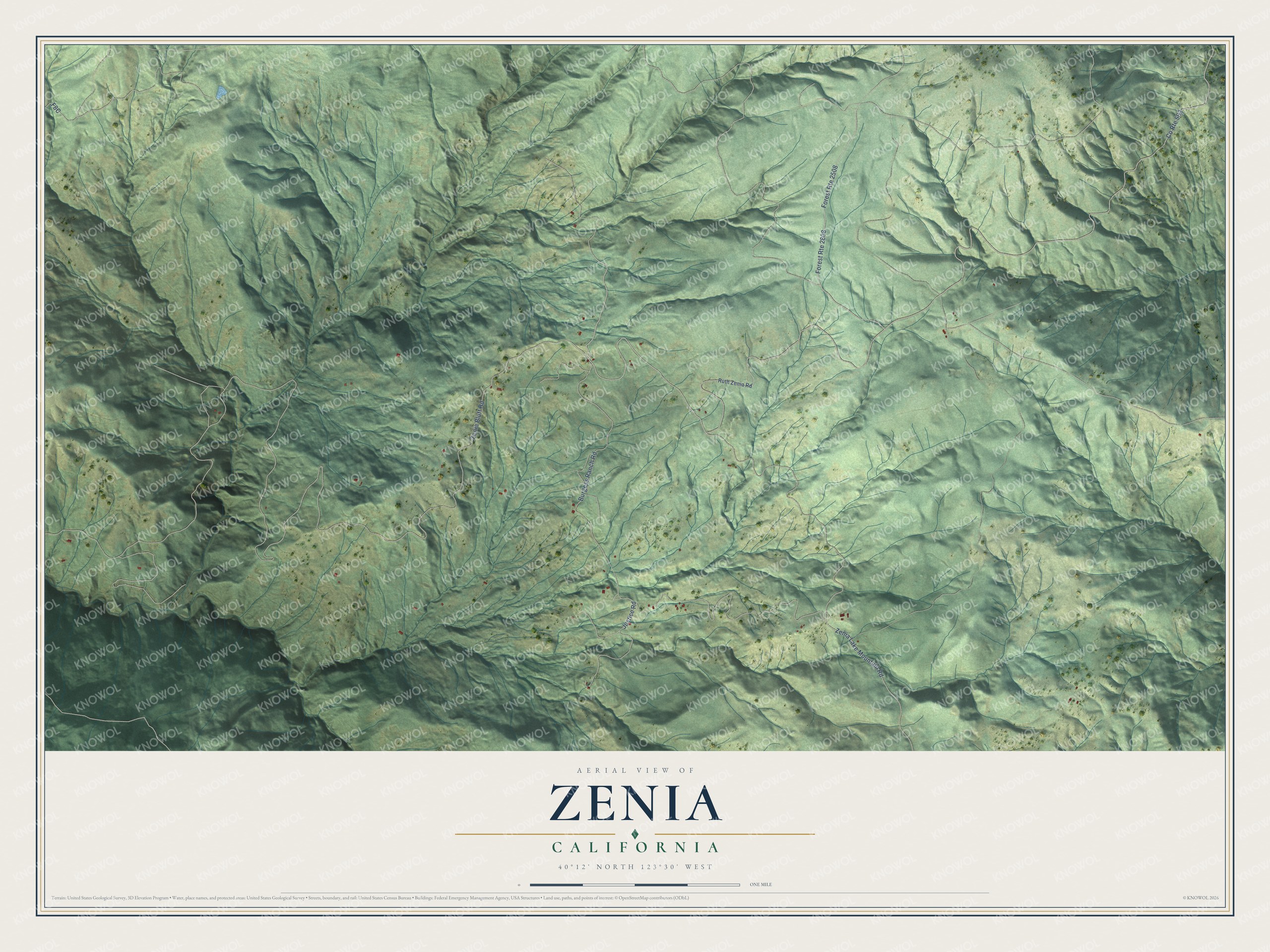 Full map of Zenia, California, with red buildings, printed street names and the land around them