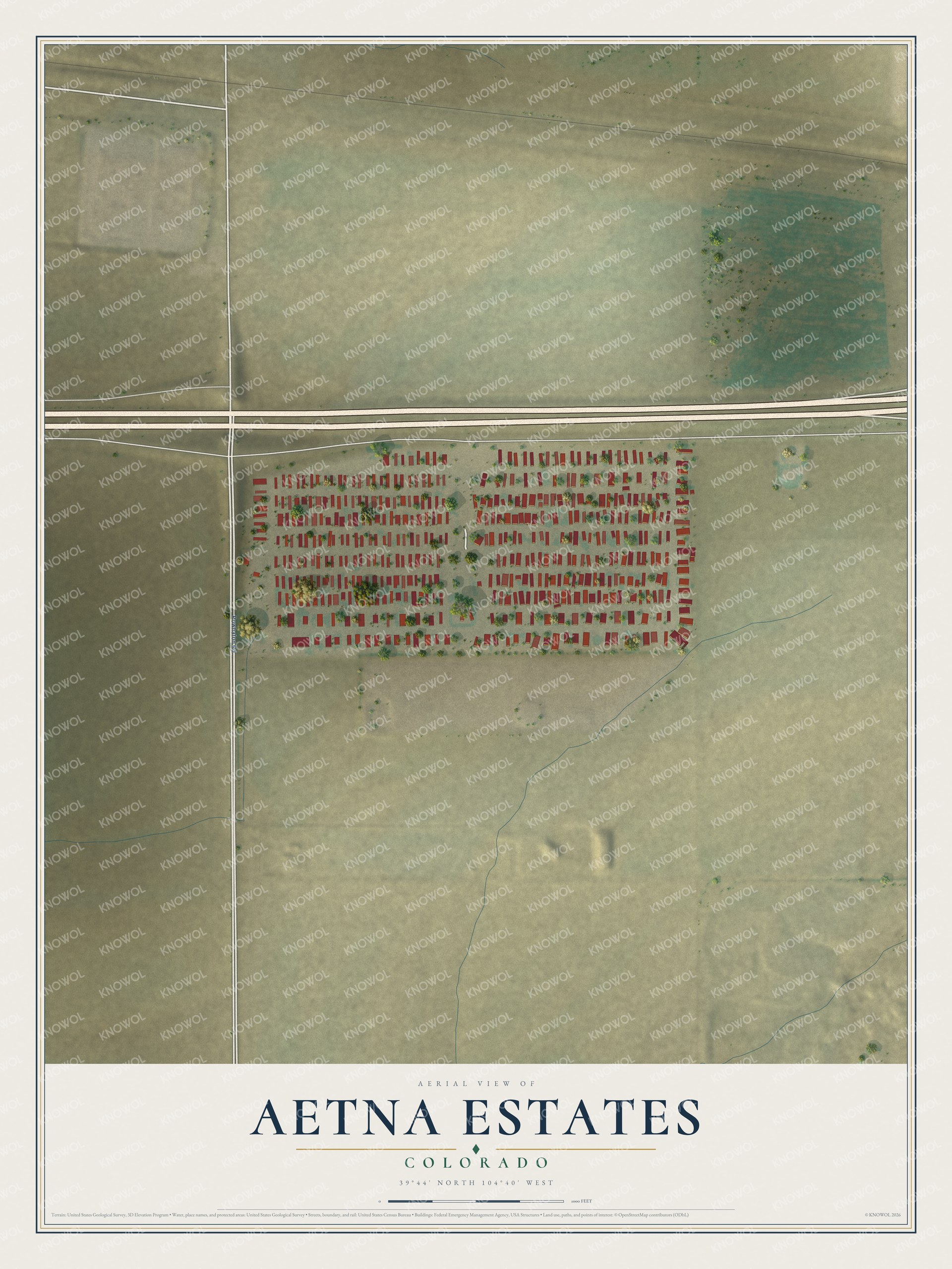Full map of Aetna Estates, Colorado, with red buildings, printed street names and the land around them
