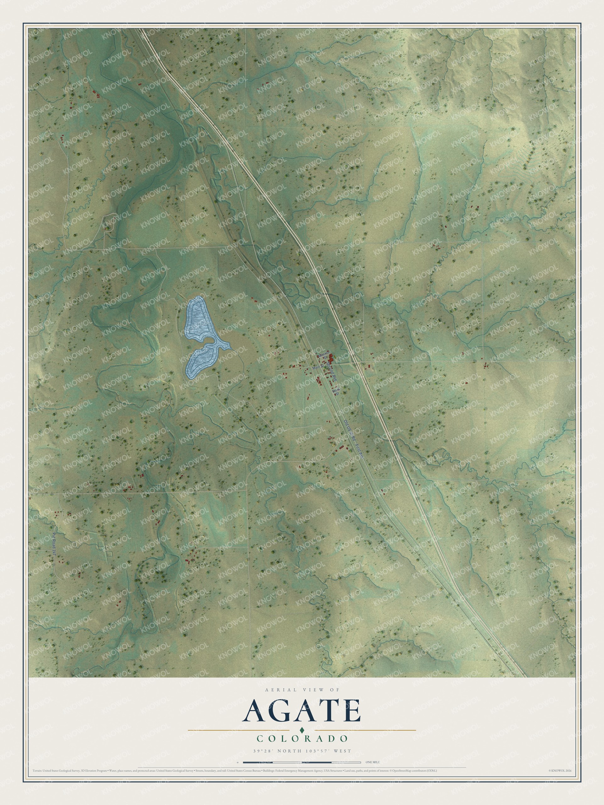 Full map of Agate, Colorado, with red buildings, printed street names and the land around them
