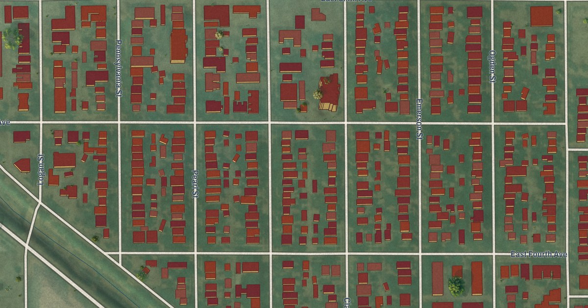 Close-up of streets and buildings in Alamo Placita, Colorado