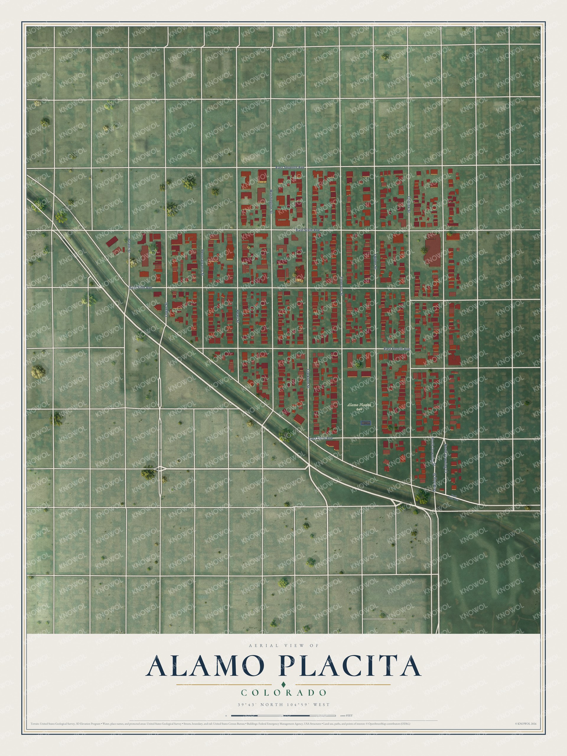 Full map of Alamo Placita, Colorado, with red buildings, printed street names and the land around them