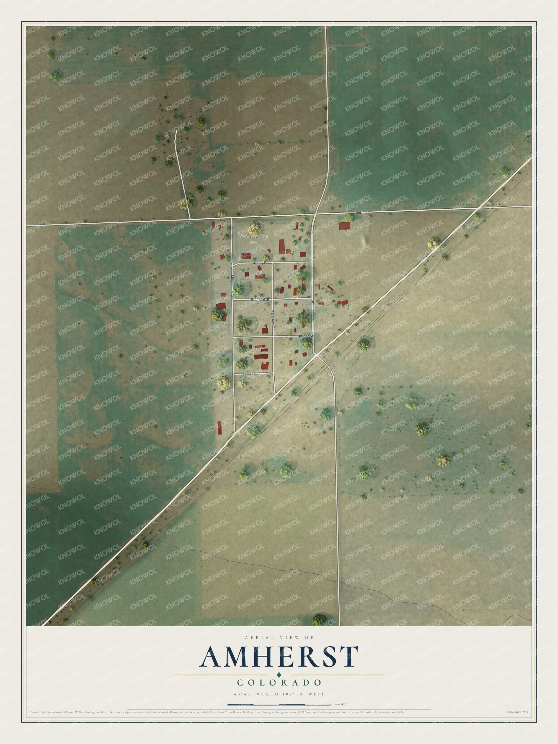 Full map of Amherst, Colorado, with red buildings, printed street names and the land around them
