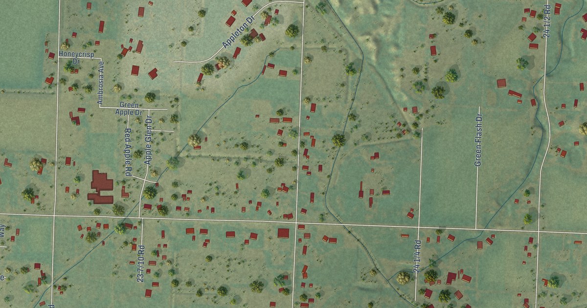 Close-up of streets and buildings in Appleton, Colorado