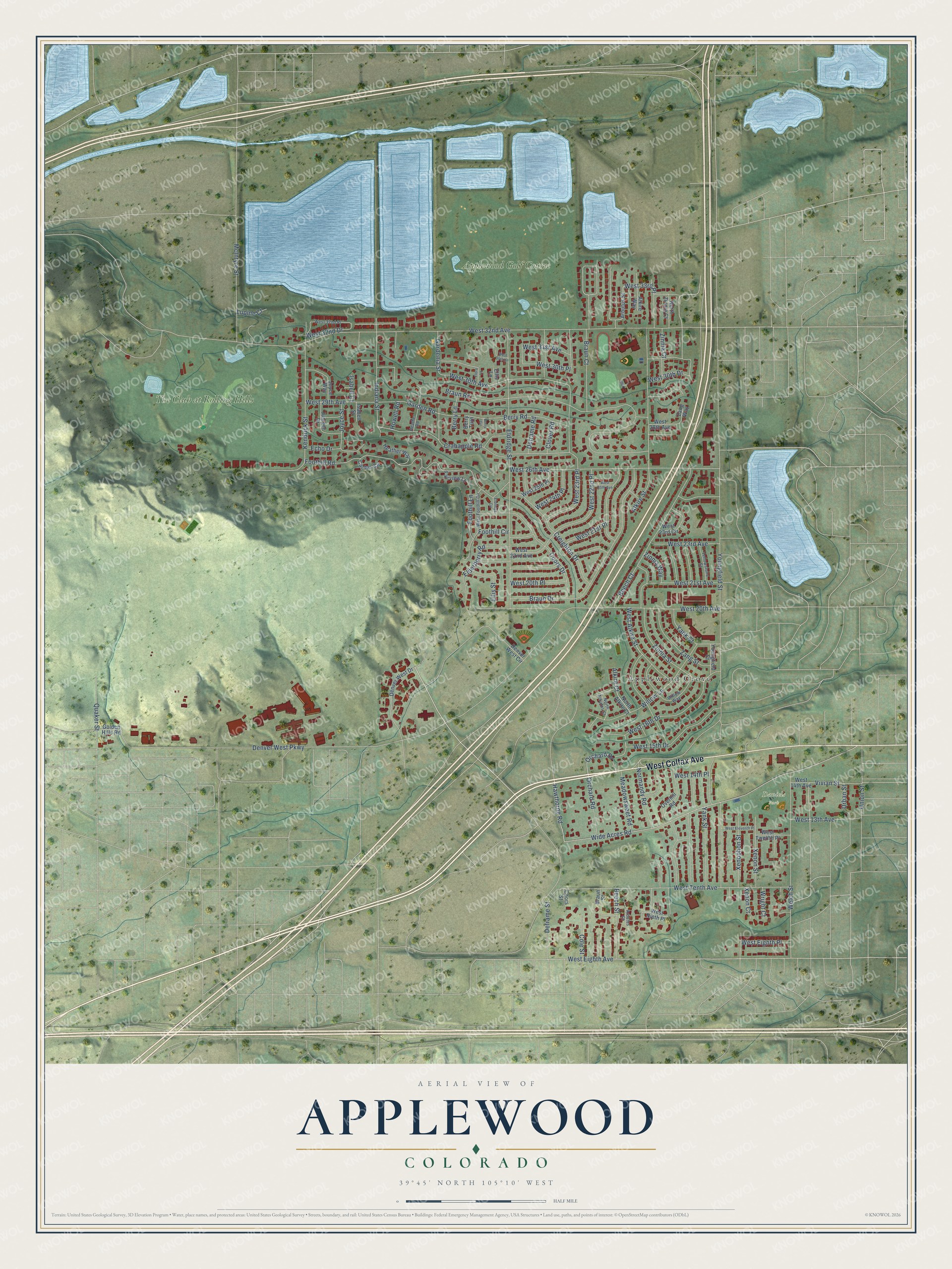 Full map of Applewood, Colorado, with red buildings, printed street names and the land around them