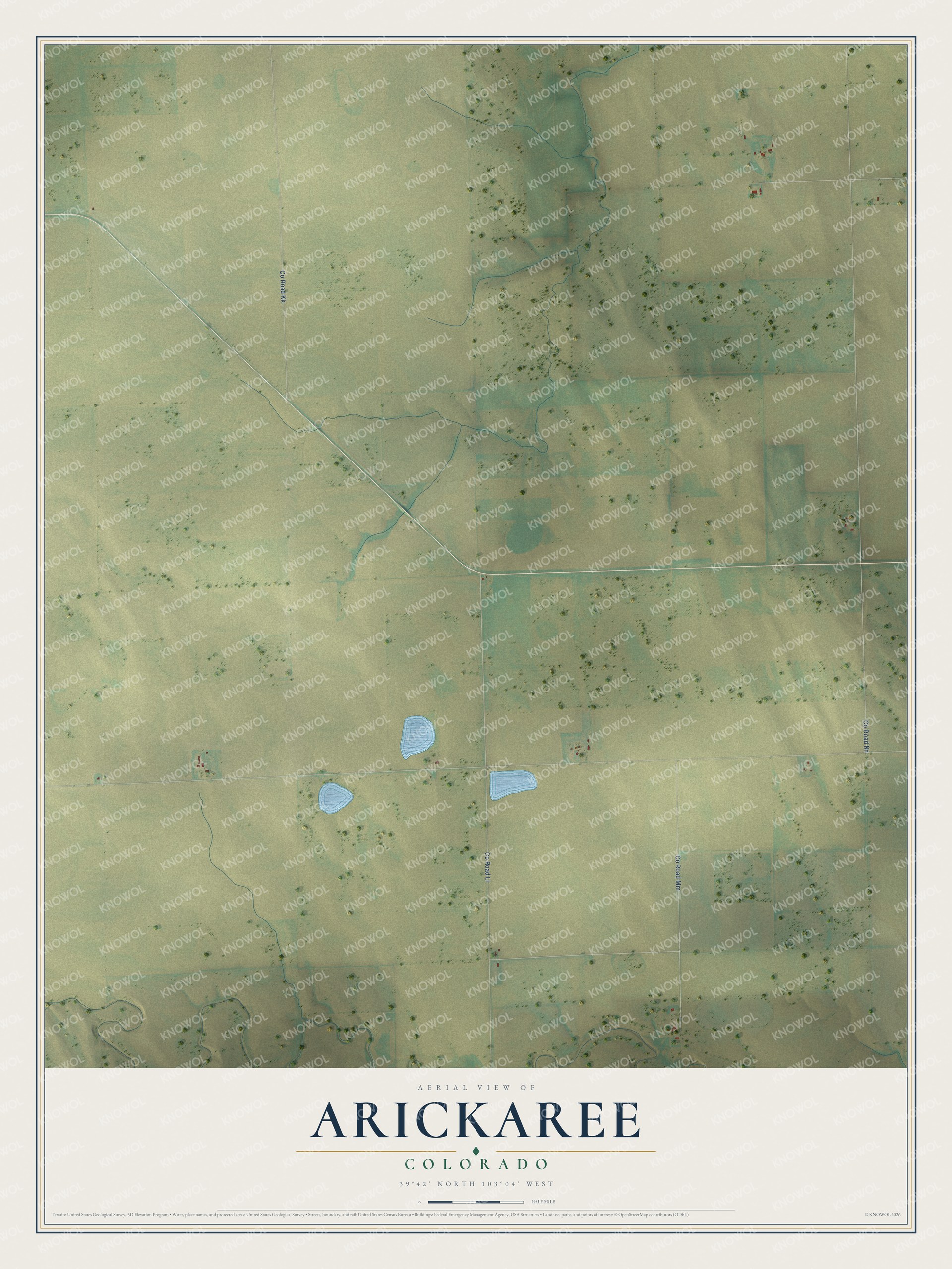 Full map of Arickaree, Colorado, with red buildings, printed street names and the land around them