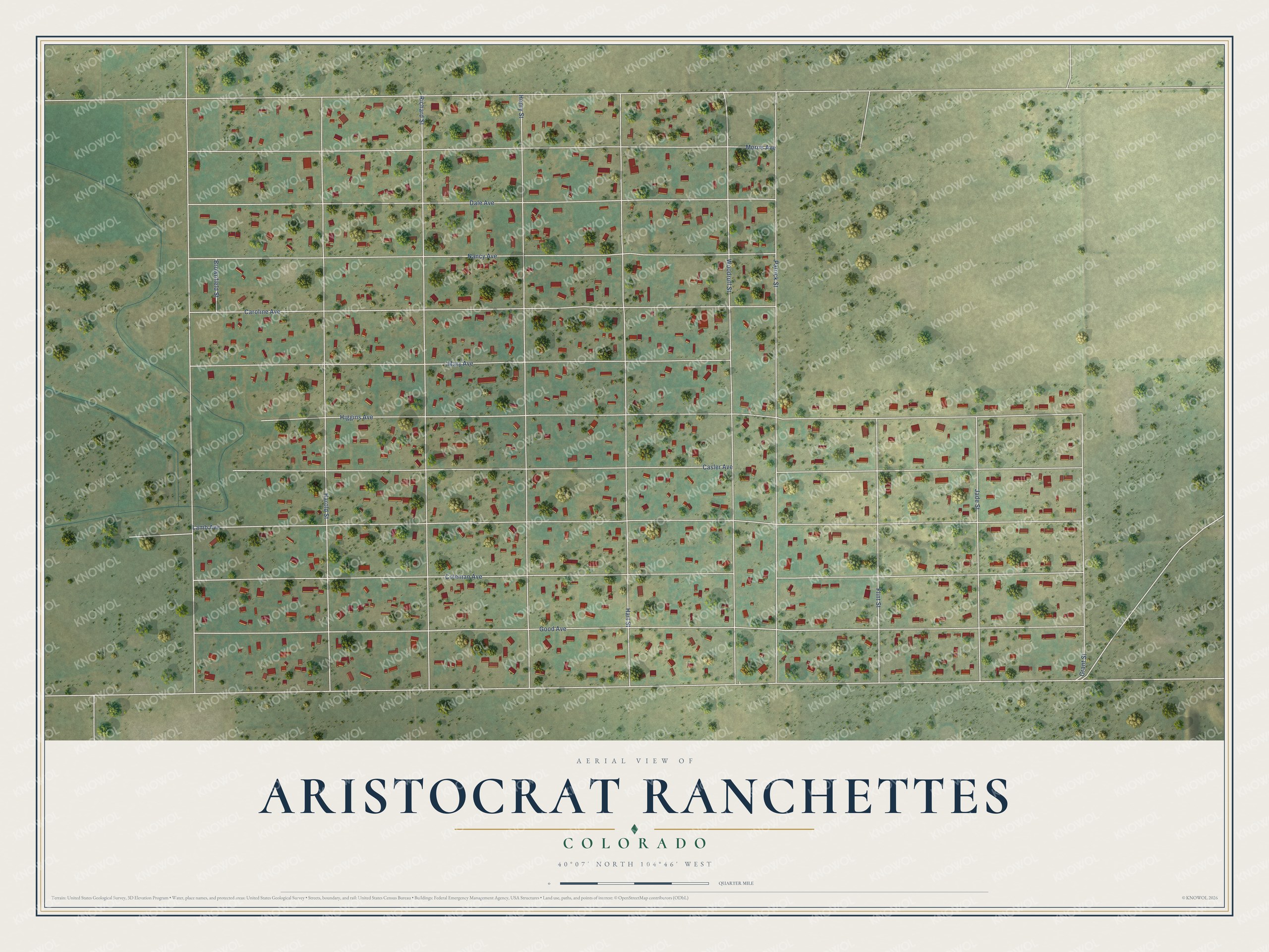 Full map of Aristocrat Ranchettes, Colorado, with red buildings, printed street names and the land around them