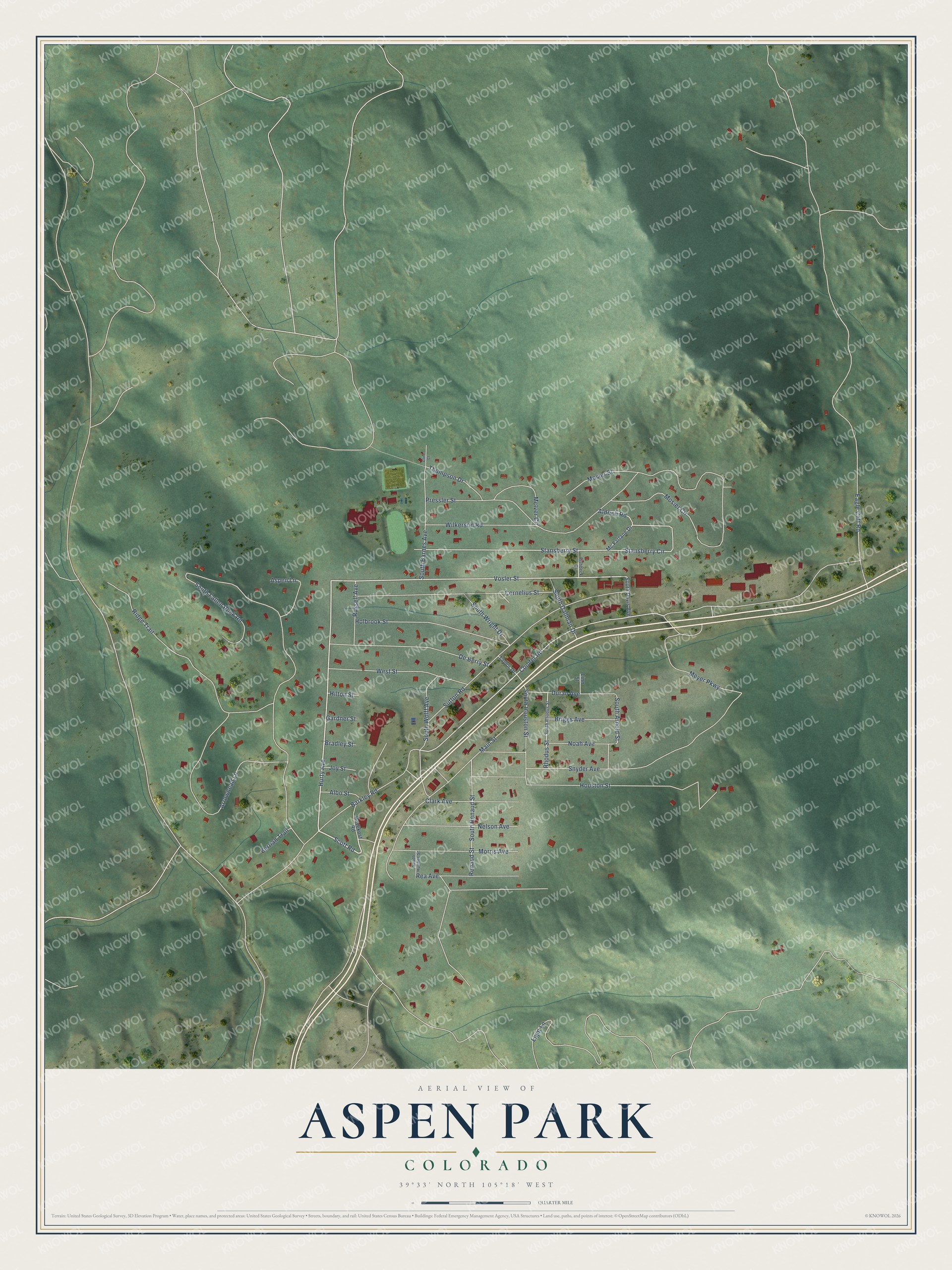Full map of Aspen Park, Colorado, with red buildings, printed street names and the land around them