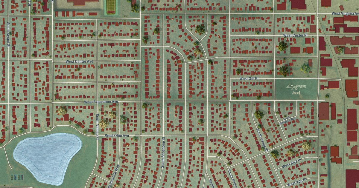 Close-up of streets and buildings in Athmar Park, Colorado