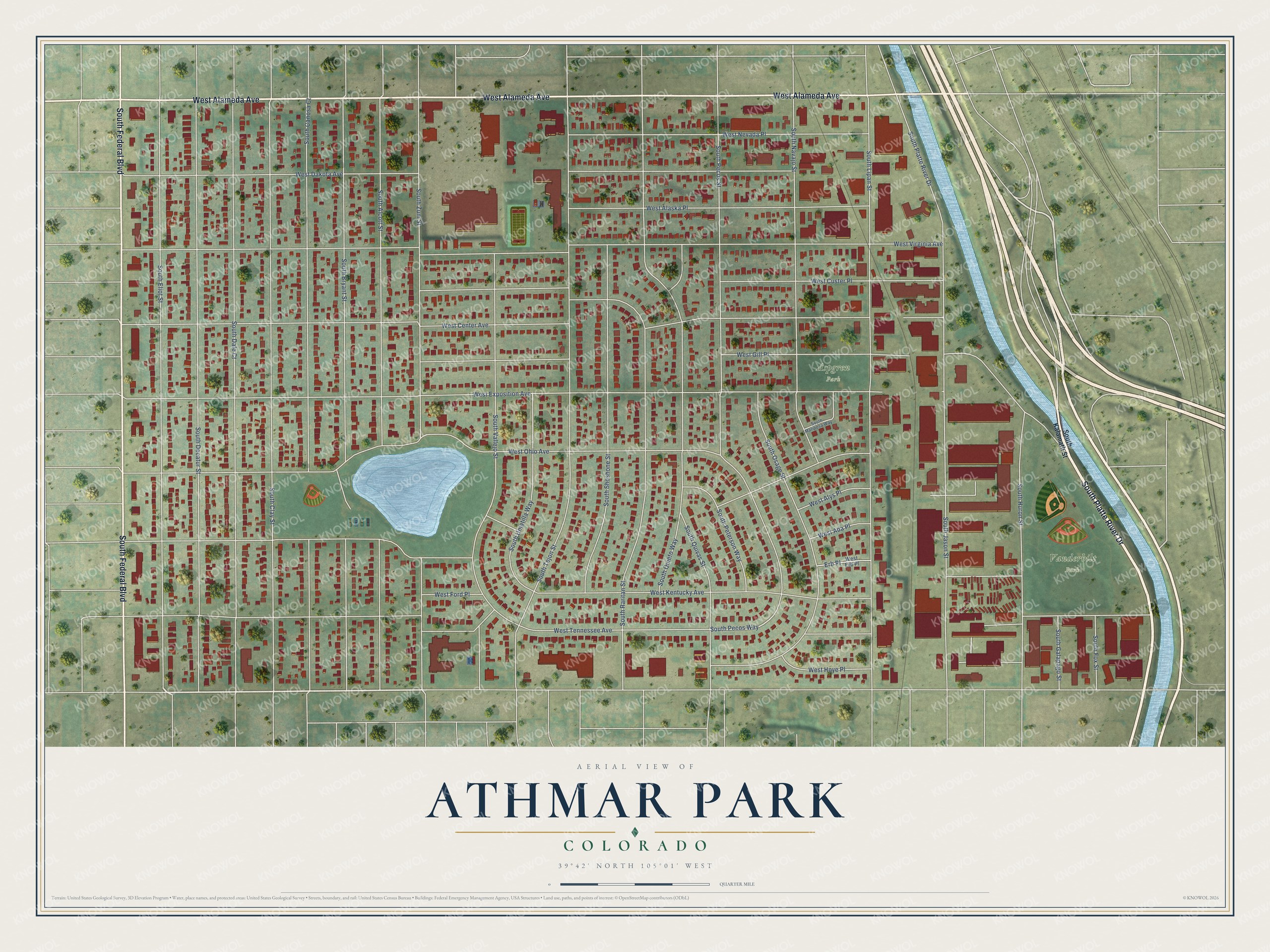 Full map of Athmar Park, Colorado, with red buildings, printed street names and the land around them