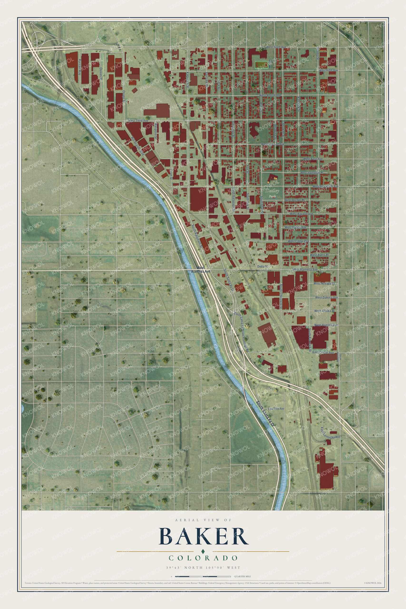 Full map of Baker, Colorado, with red buildings, printed street names and the land around them