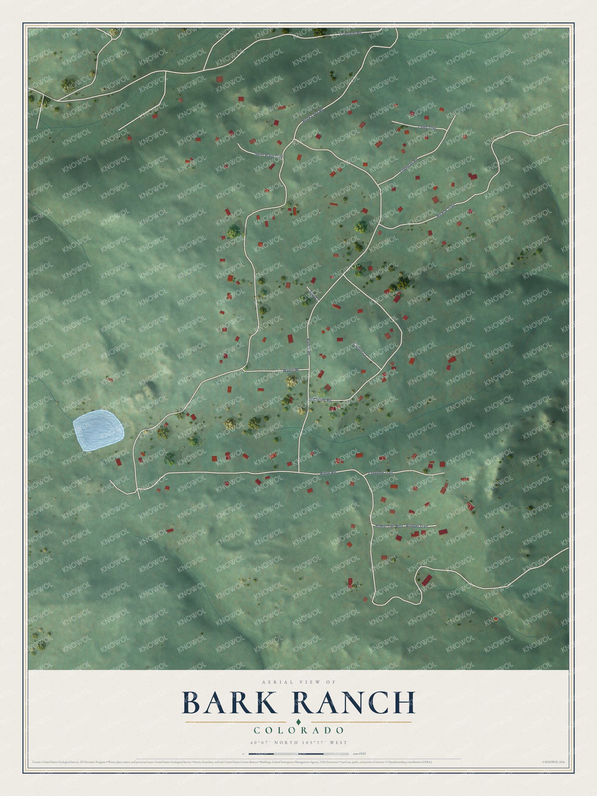Full map of Bark Ranch, Colorado, with red buildings, printed street names and the land around them