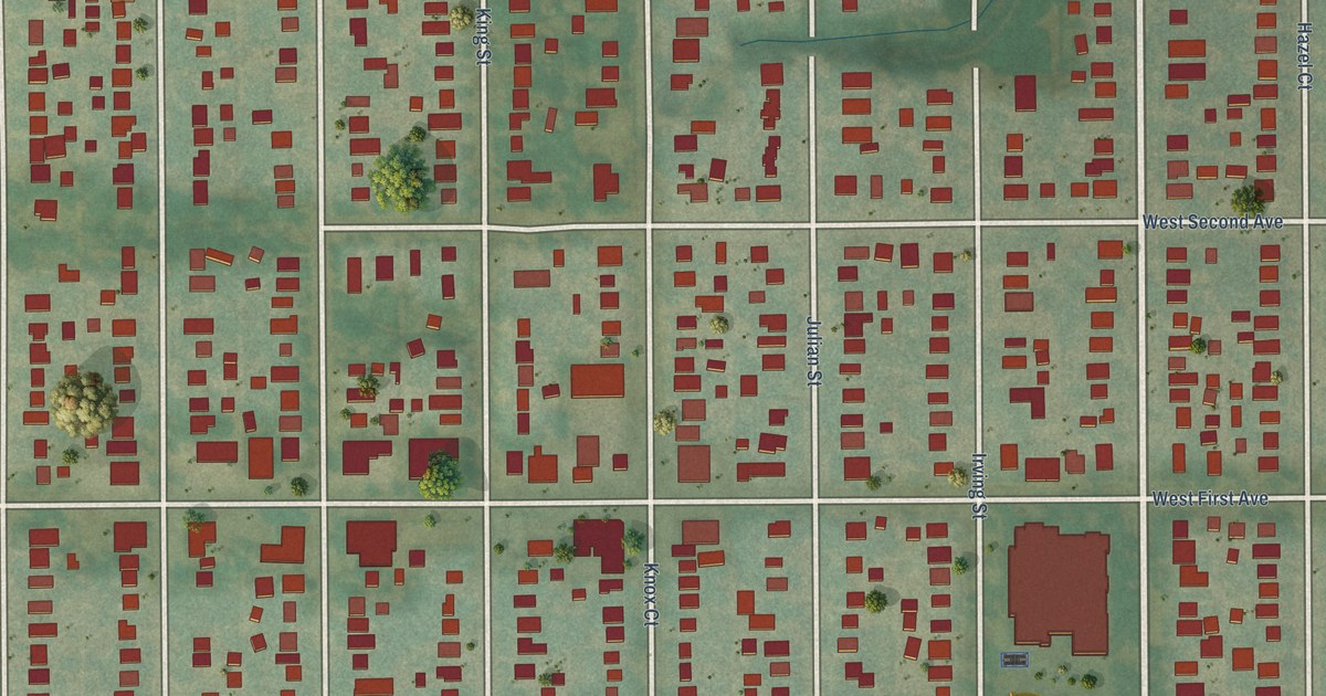Close-up of streets and buildings in Barnum, Colorado