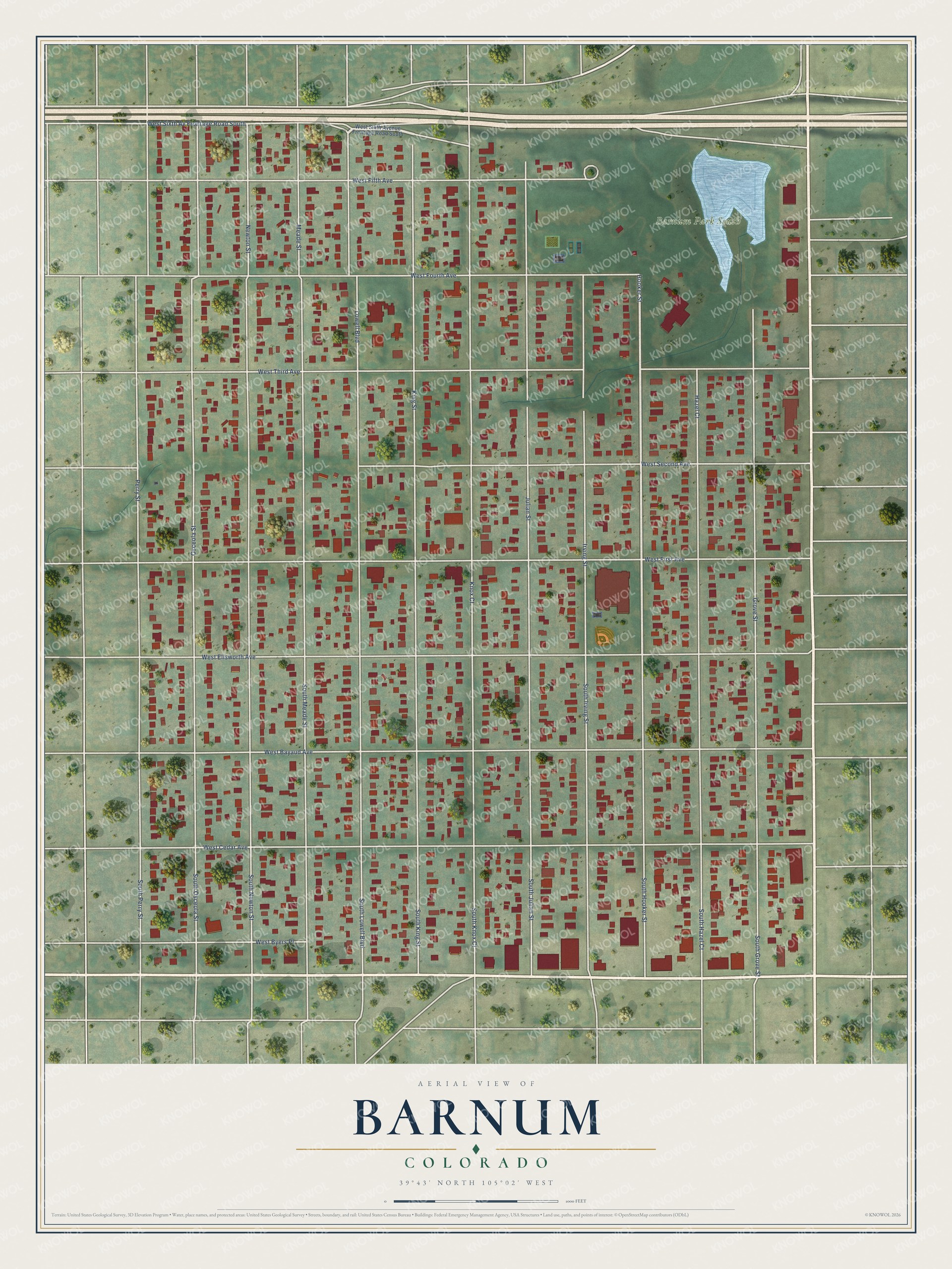 Full map of Barnum, Colorado, with red buildings, printed street names and the land around them