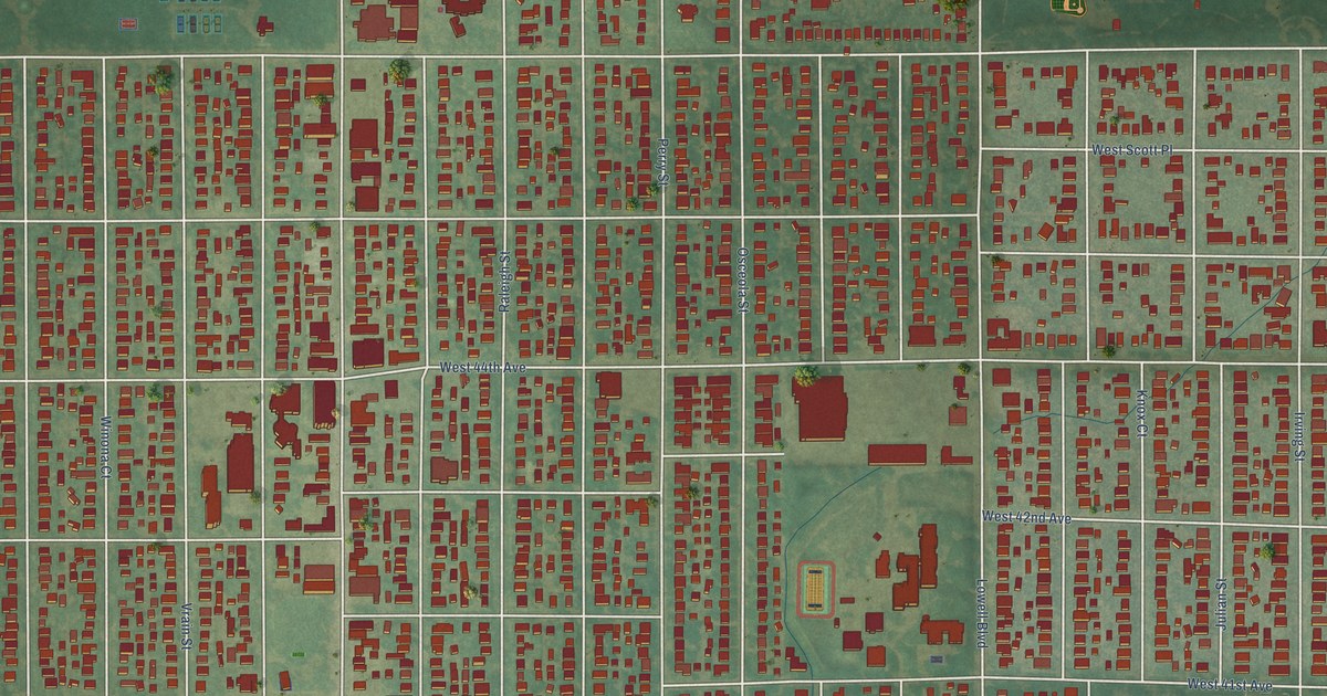 Close-up of streets and buildings in Berkeley, Colorado