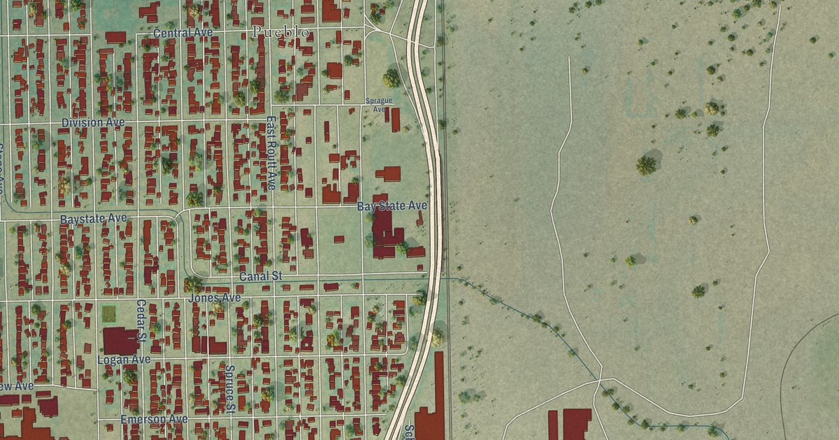 Close-up of streets and buildings in Bessemer, Colorado