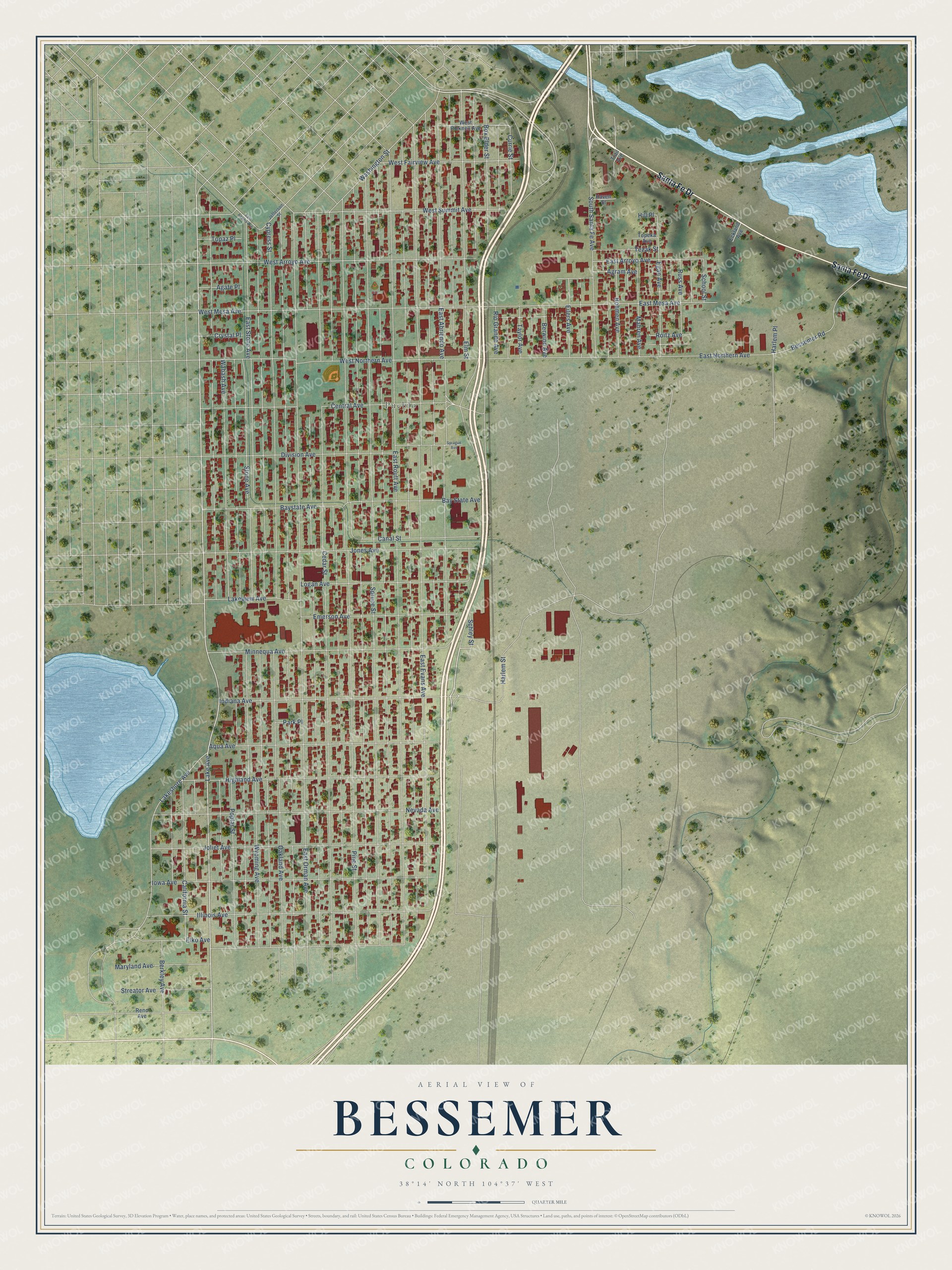 Full map of Bessemer, Colorado, with red buildings, printed street names and the land around them