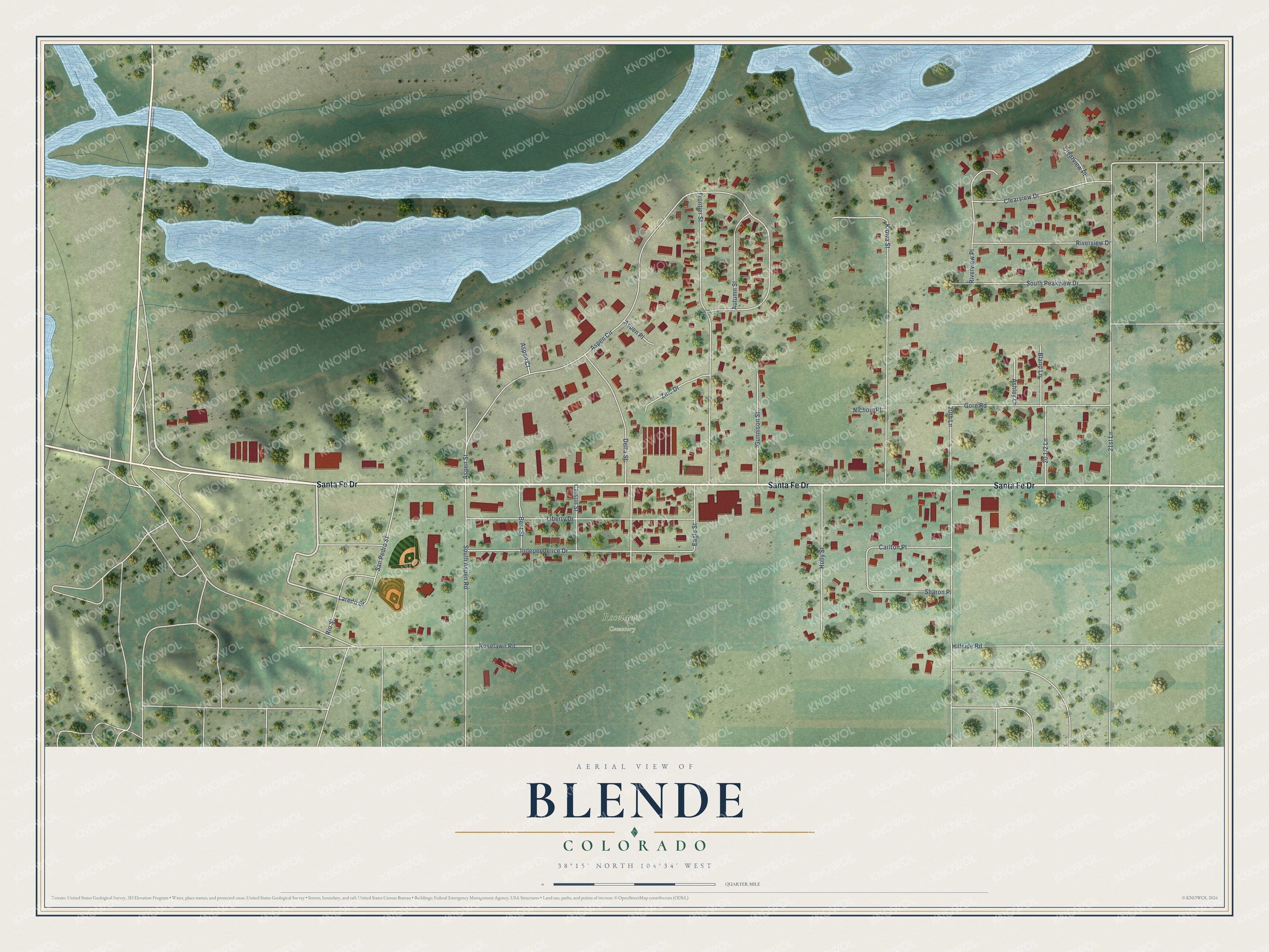 Full map of Blende, Colorado, with red buildings, printed street names and the land around them