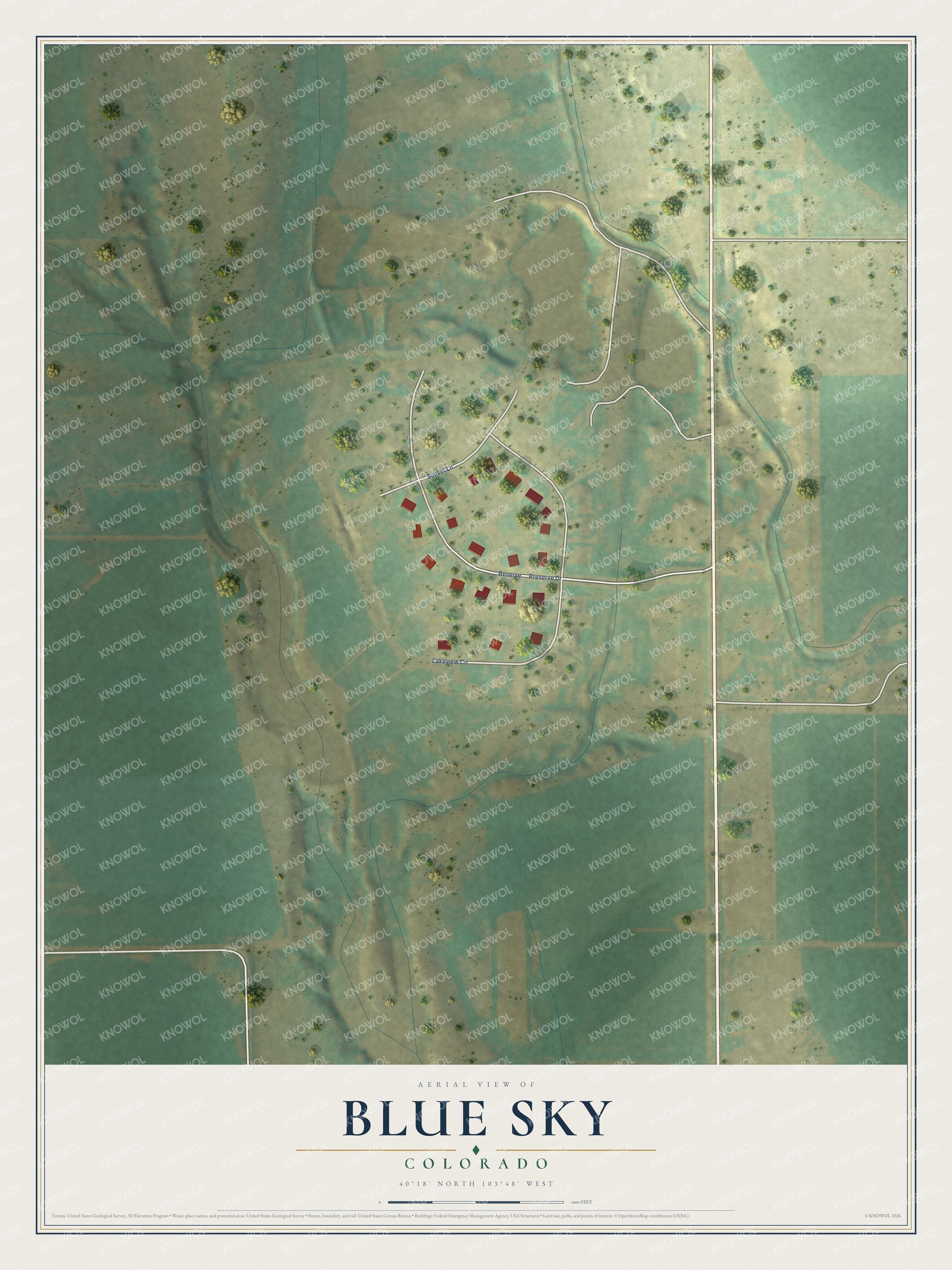Full map of Blue Sky, Colorado, with red buildings, printed street names and the land around them