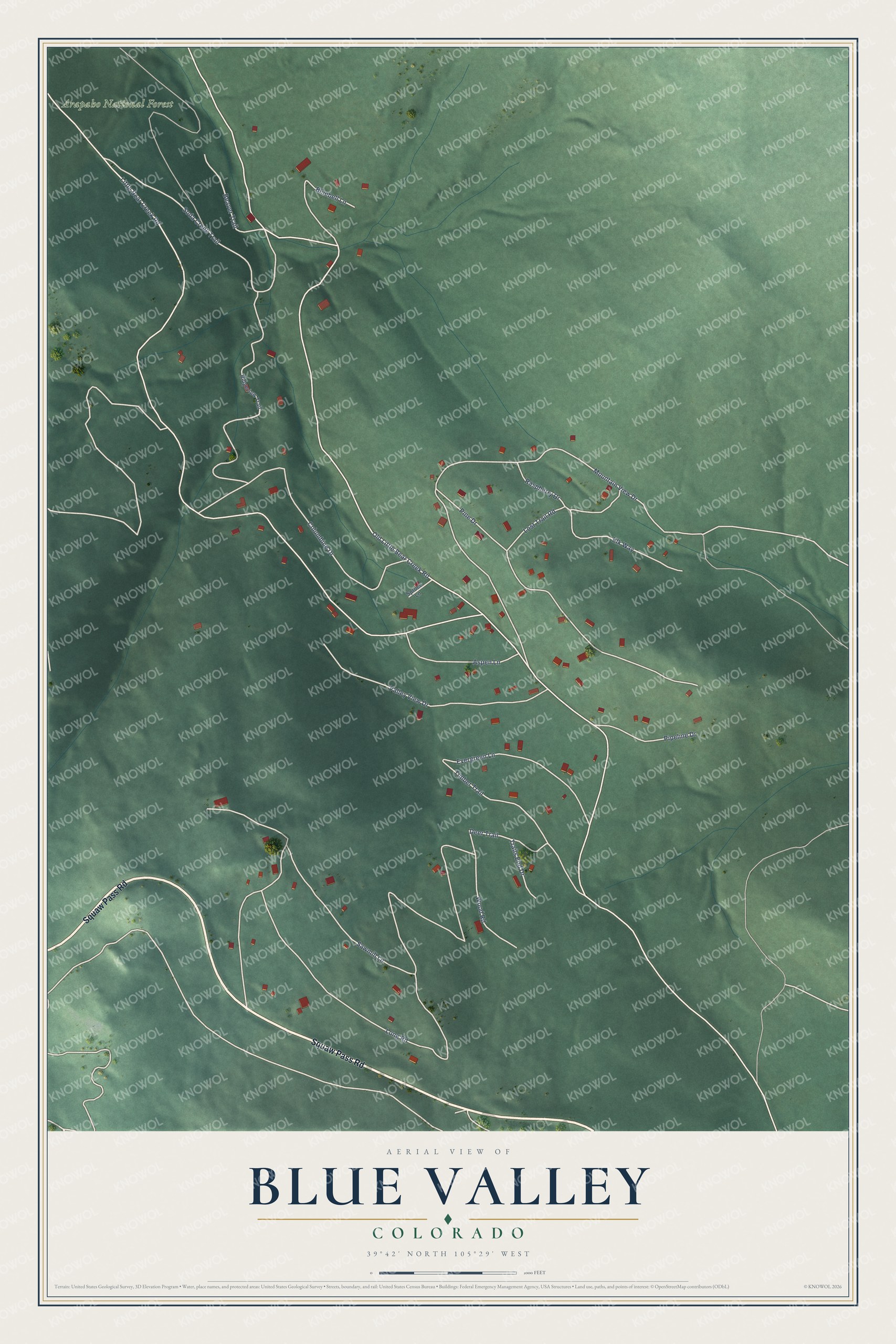 Full map of Blue Valley, Colorado, with red buildings, printed street names and the land around them