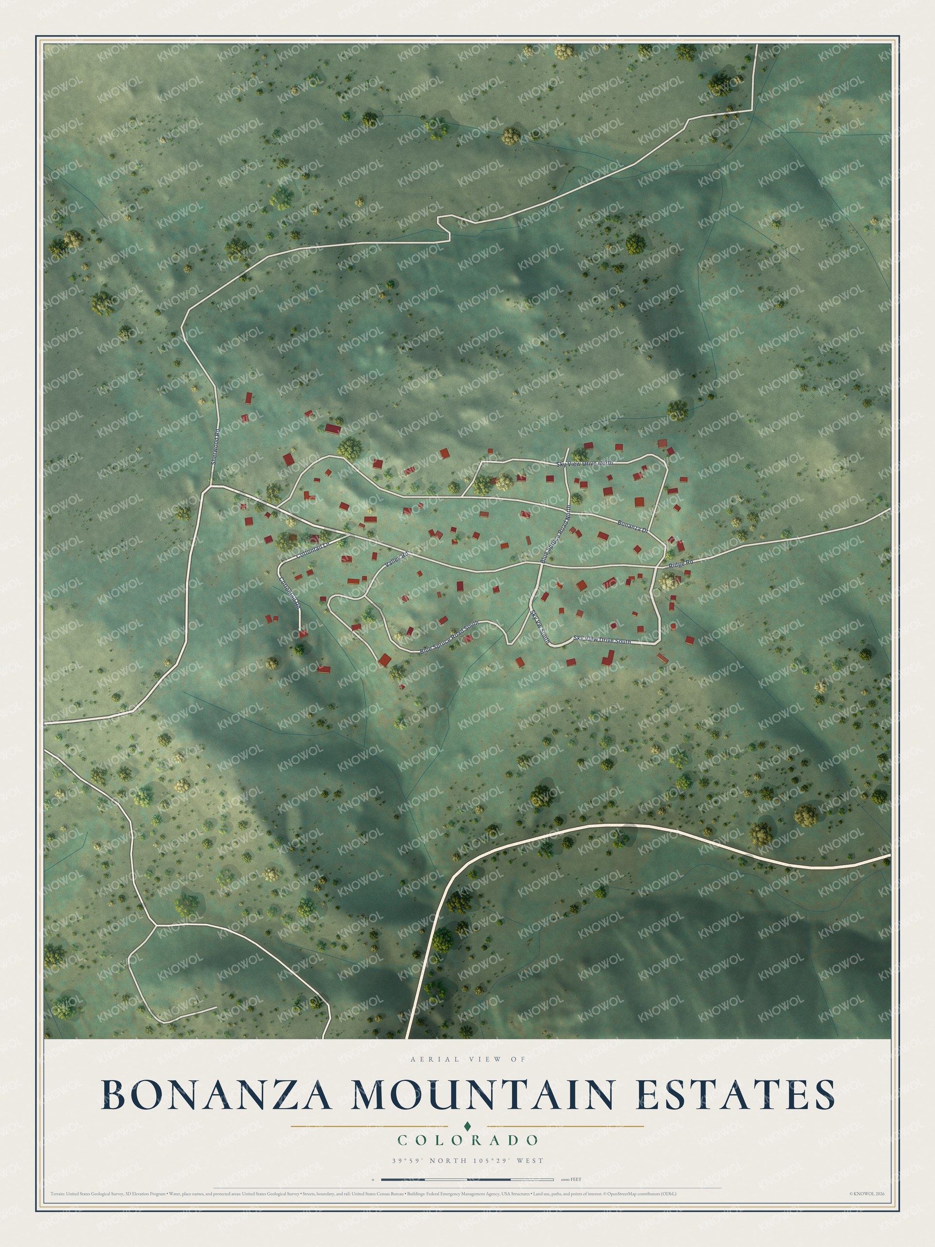 Full map of Bonanza Mountain Estates, Colorado, with red buildings, printed street names and the land around them