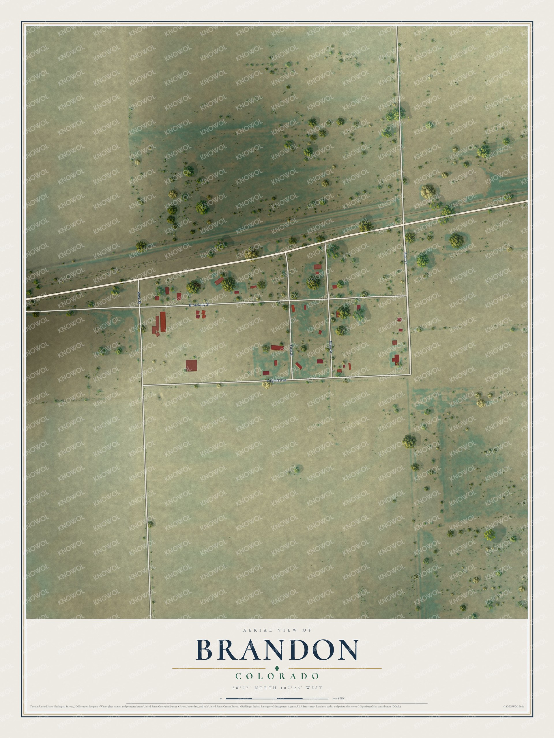 Full map of Brandon, Colorado, with red buildings, printed street names and the land around them