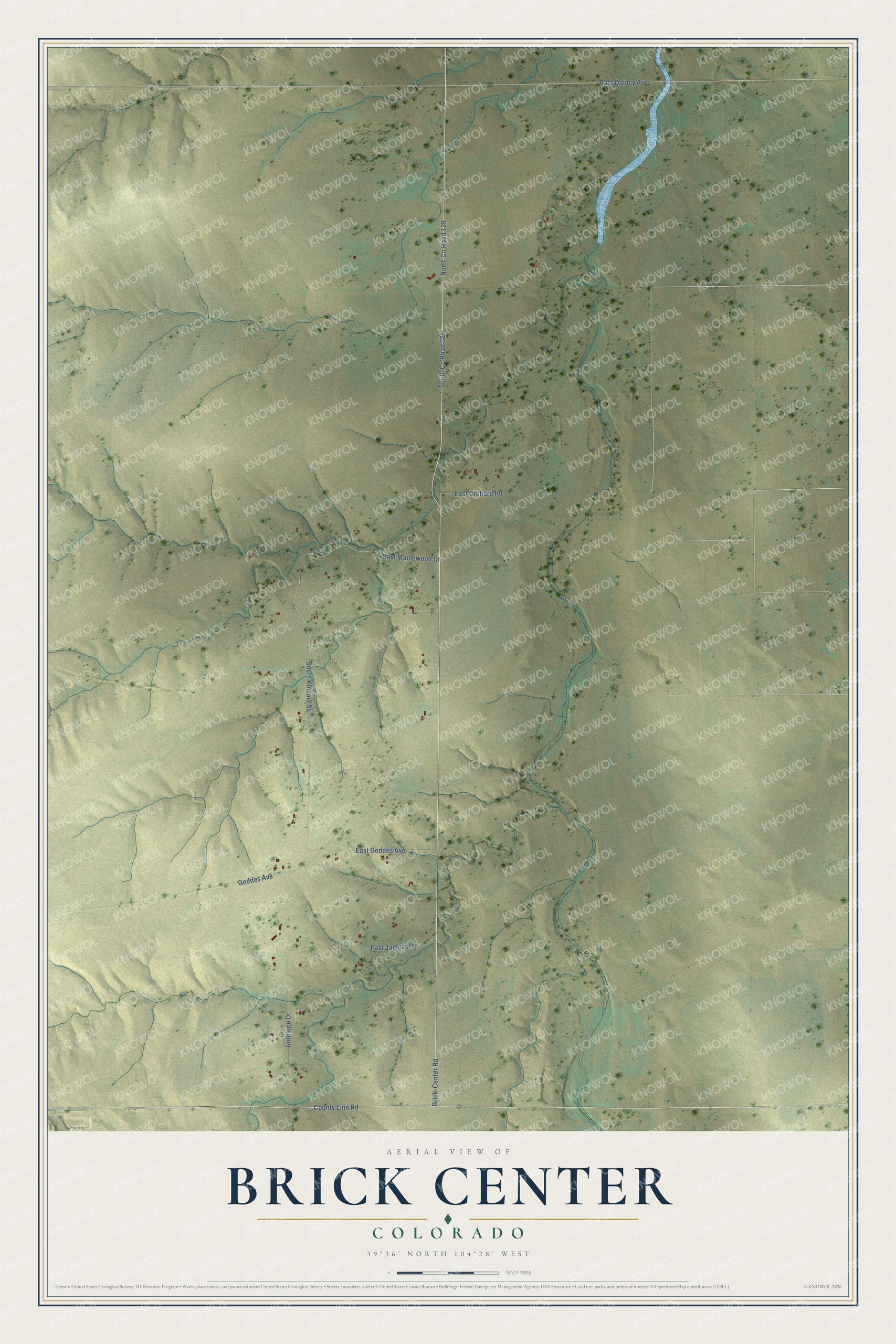Full map of Brick Center, Colorado, with red buildings, printed street names and the land around them