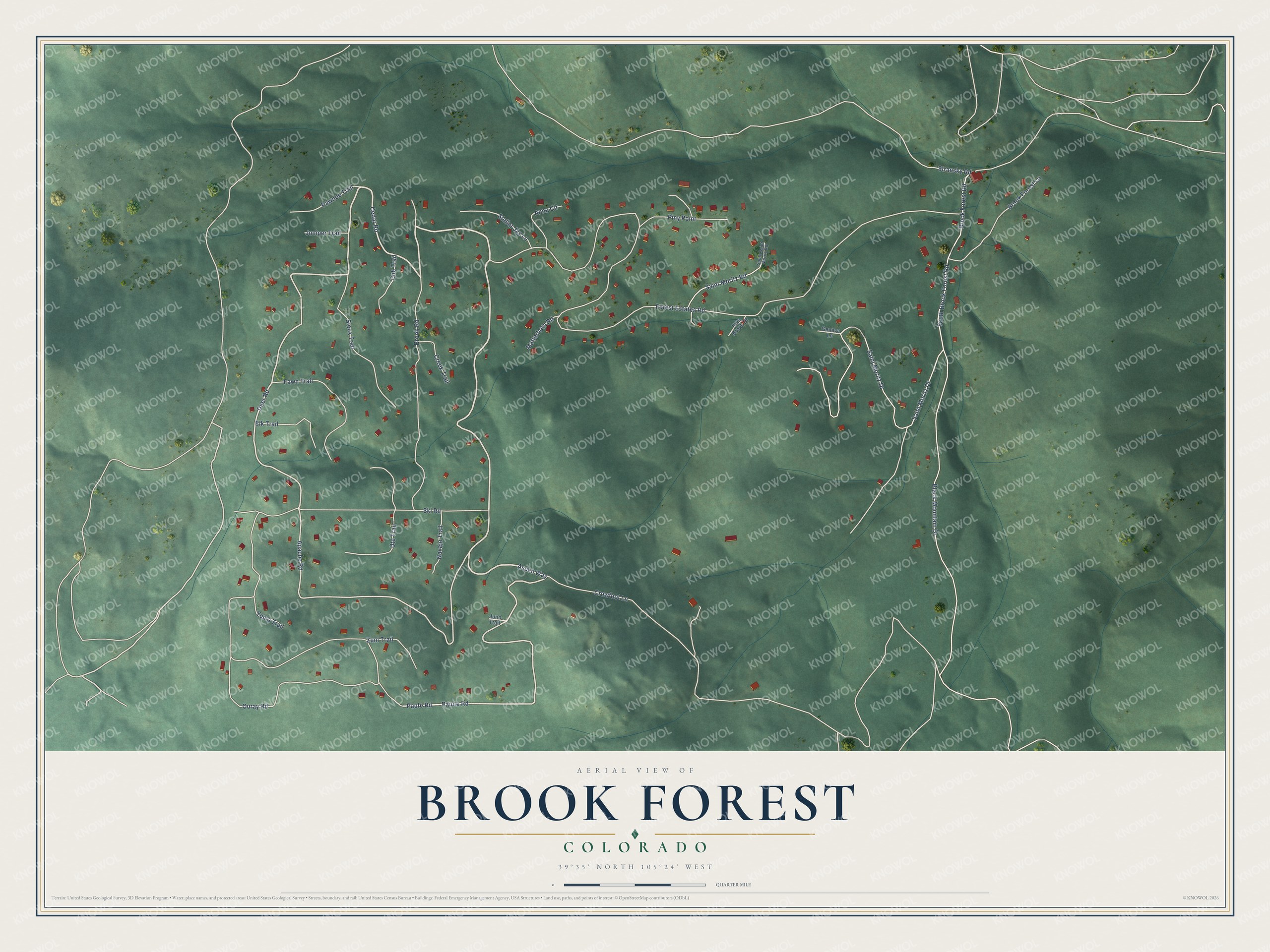 Full map of Brook Forest, Colorado, with red buildings, printed street names and the land around them