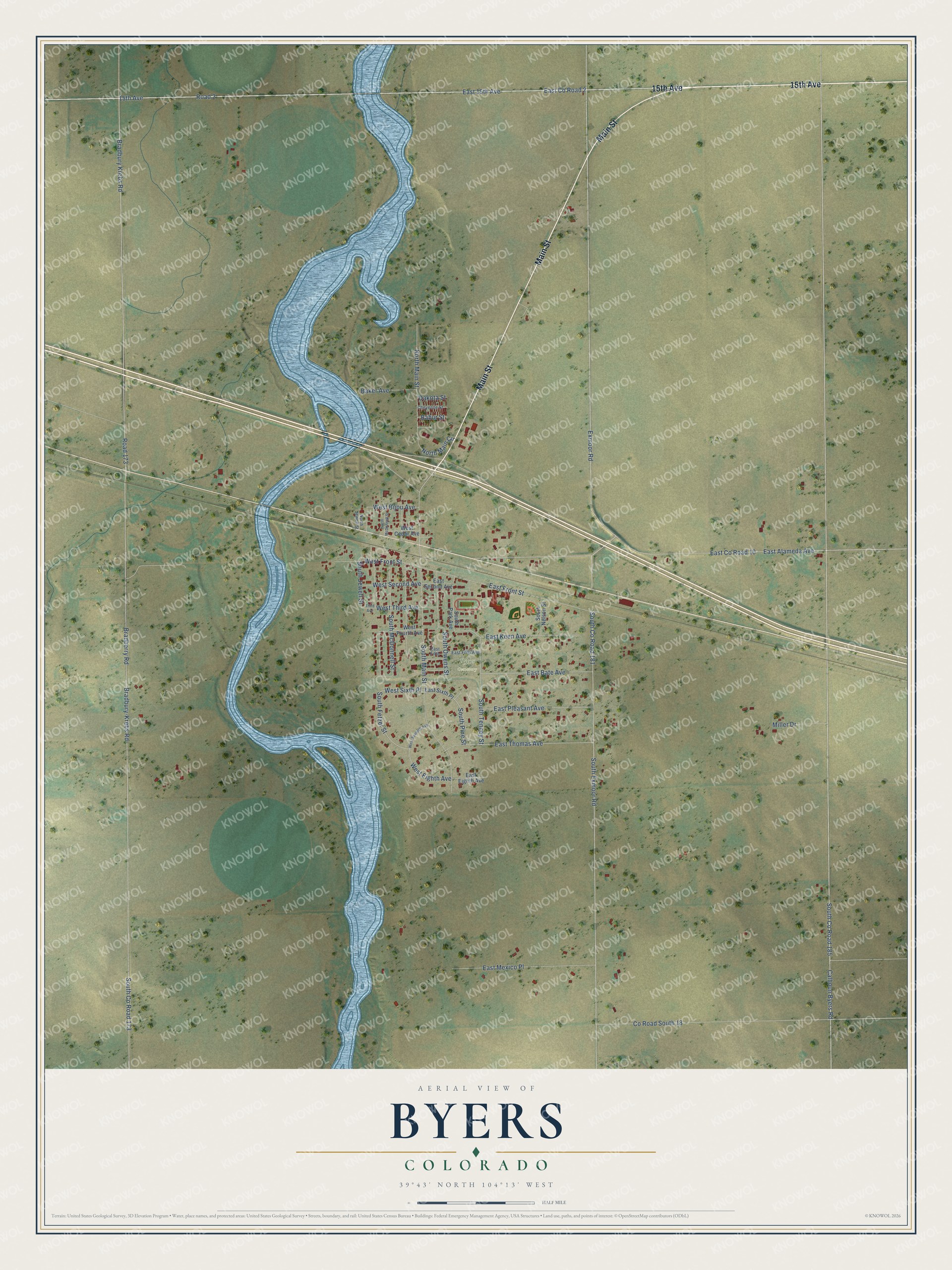 Full map of Byers, Colorado, with red buildings, printed street names and the land around them