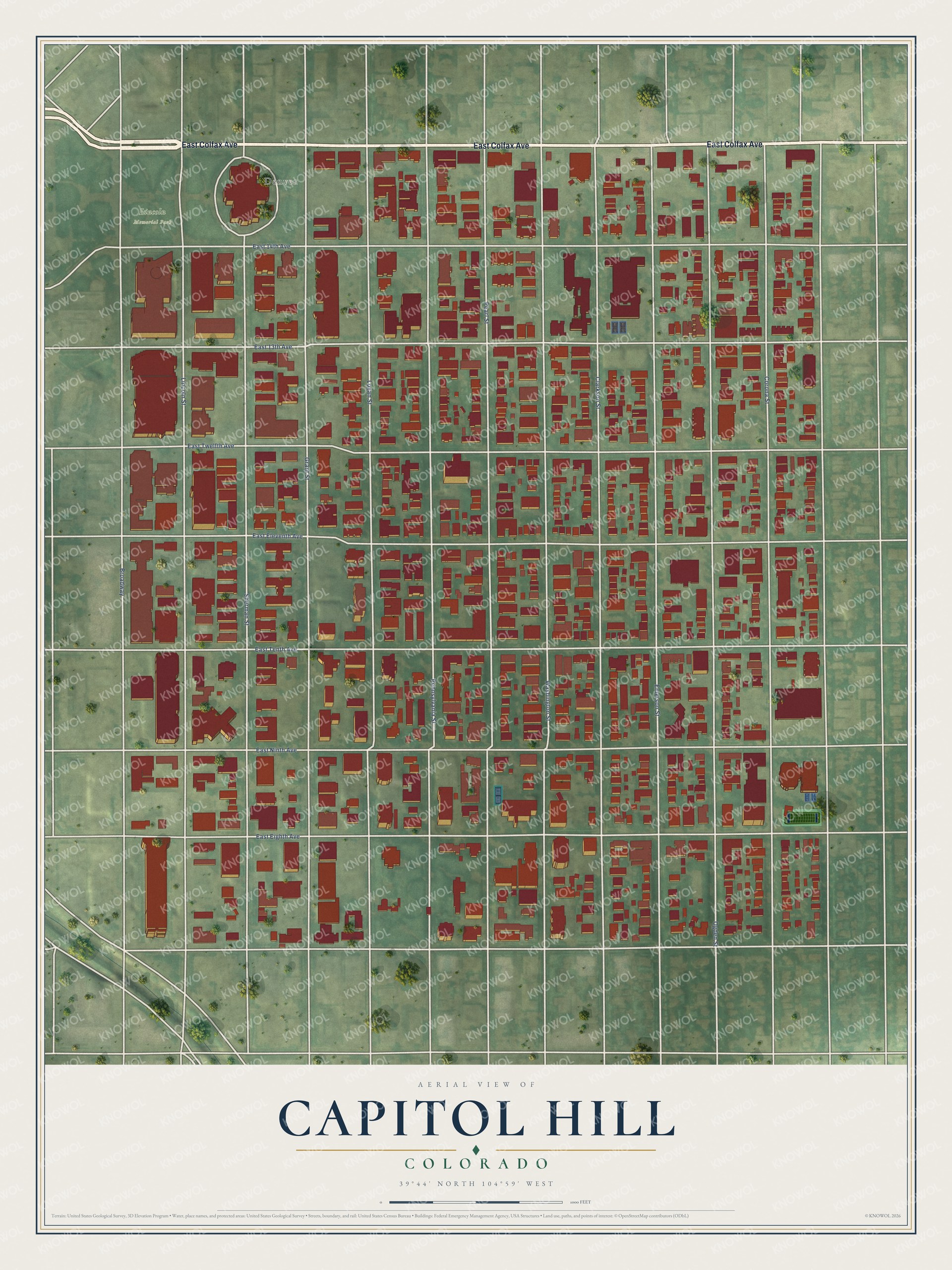 Full map of Capitol Hill, Colorado, with red buildings, printed street names and the land around them