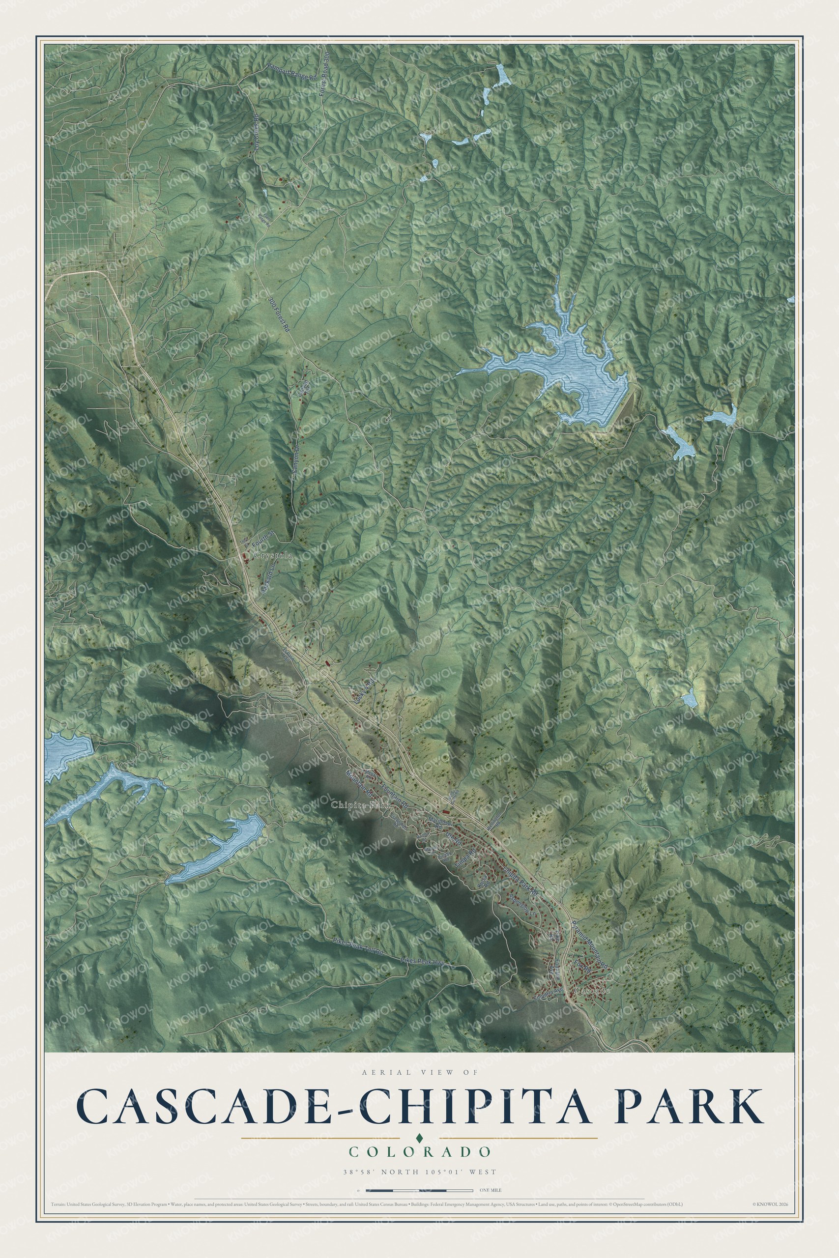 Full map of Cascade-Chipita Park, Colorado, with red buildings, printed street names and the land around them