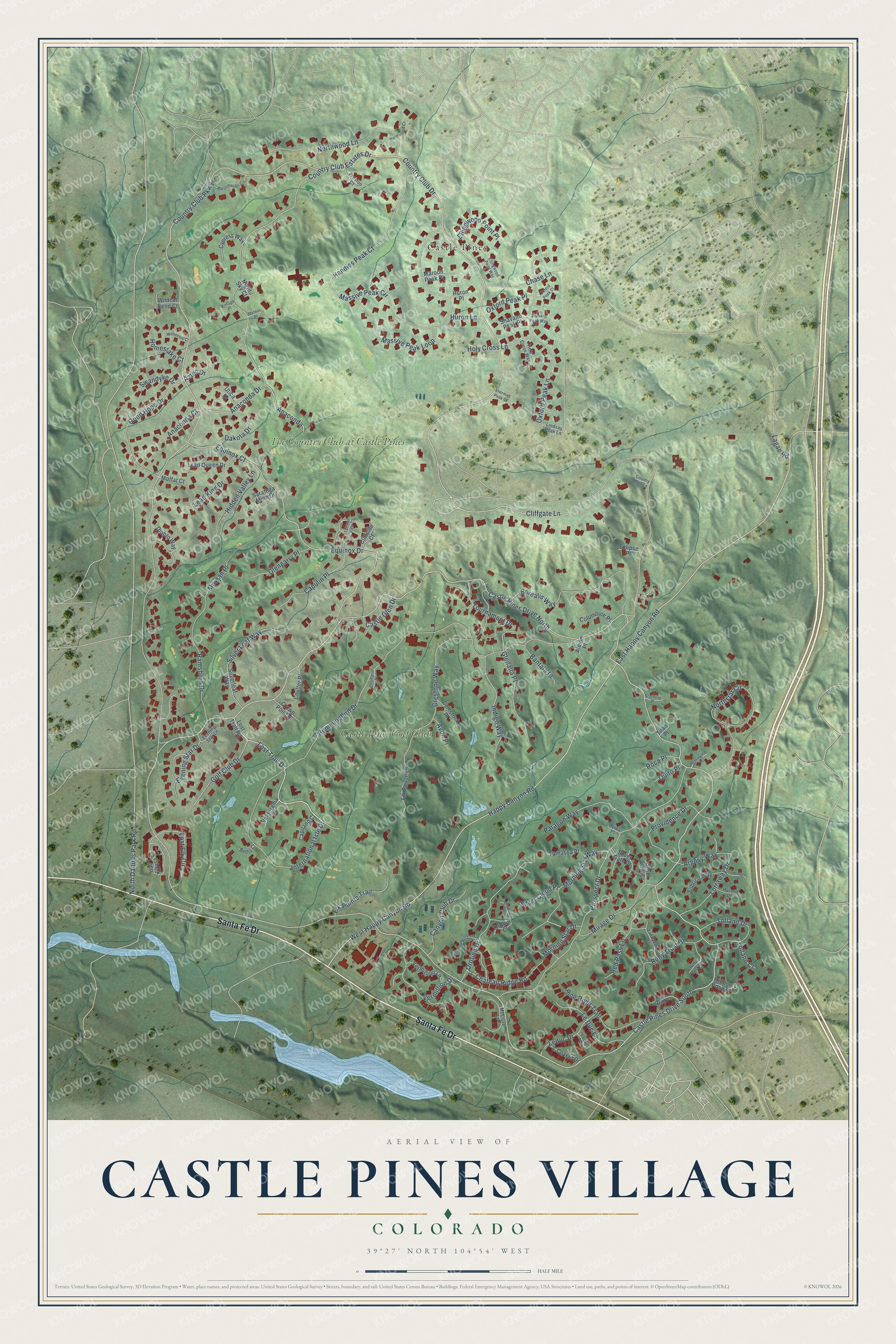 Full map of Castle Pines Village, Colorado, with red buildings, printed street names and the land around them