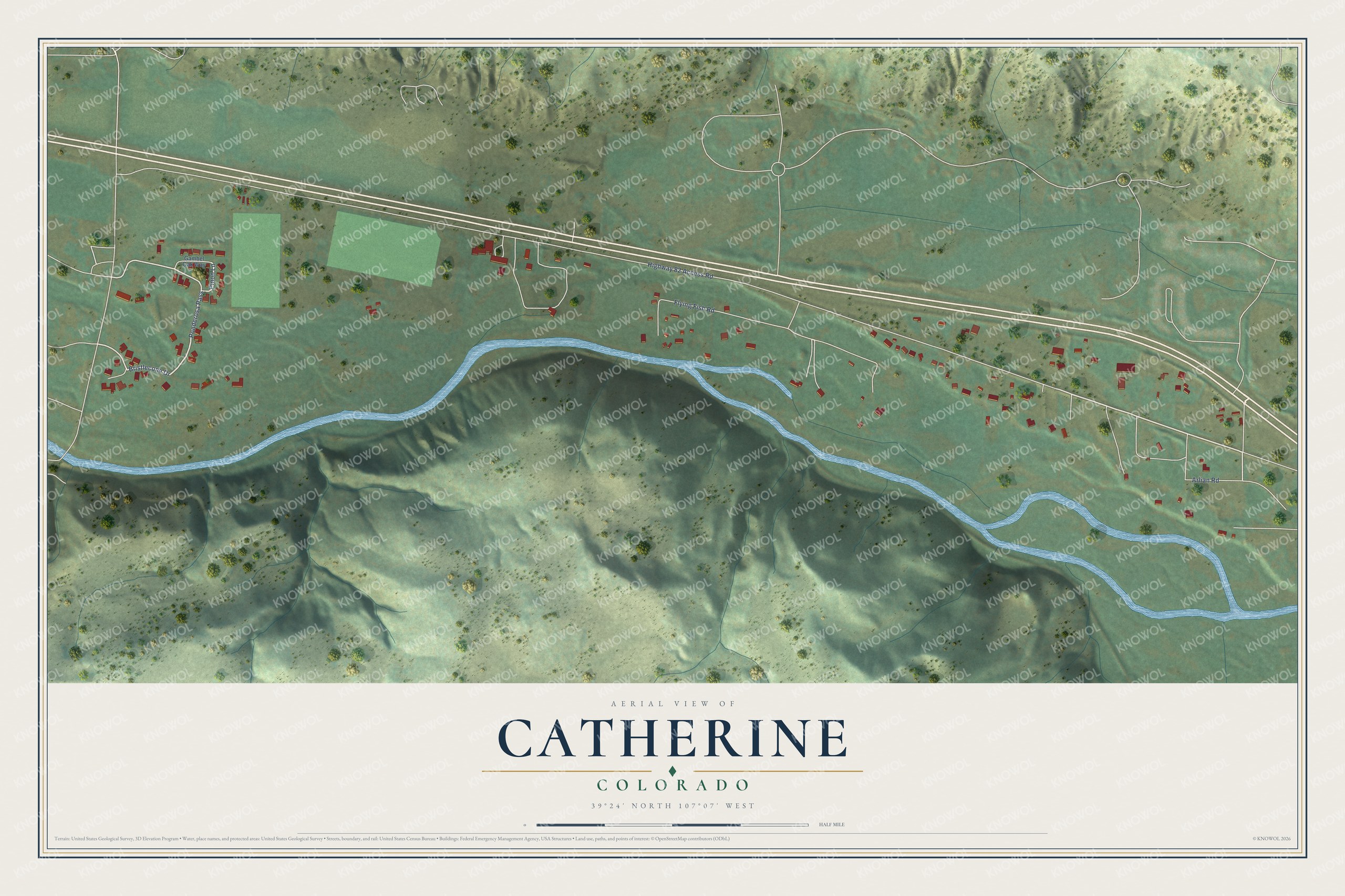 Full map of Catherine, Colorado, with red buildings, printed street names and the land around them