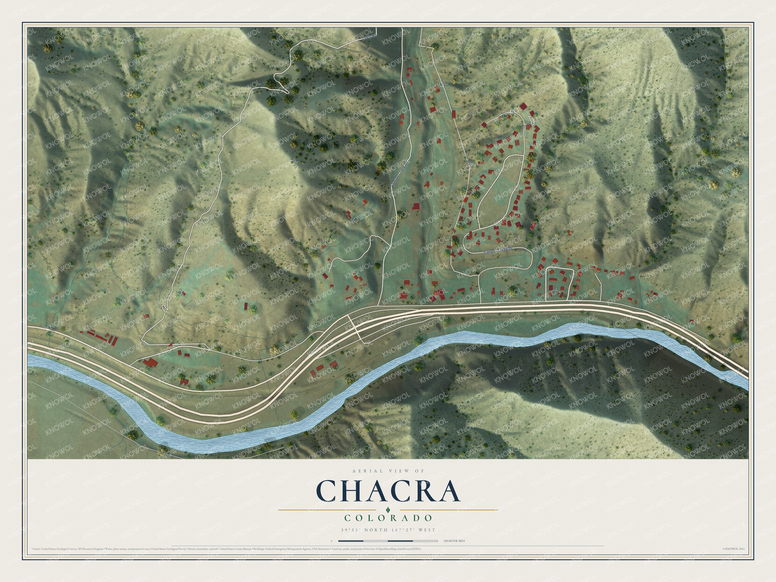 Full map of Chacra, Colorado, with red buildings, printed street names and the land around them