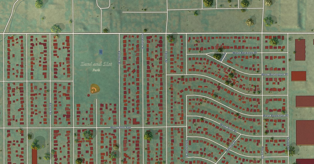 Close-up of streets and buildings in Chaffee Park, Colorado