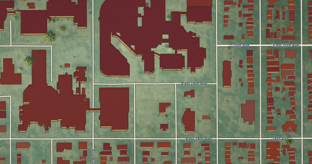 Close-up of streets and buildings in City Park West, Colorado