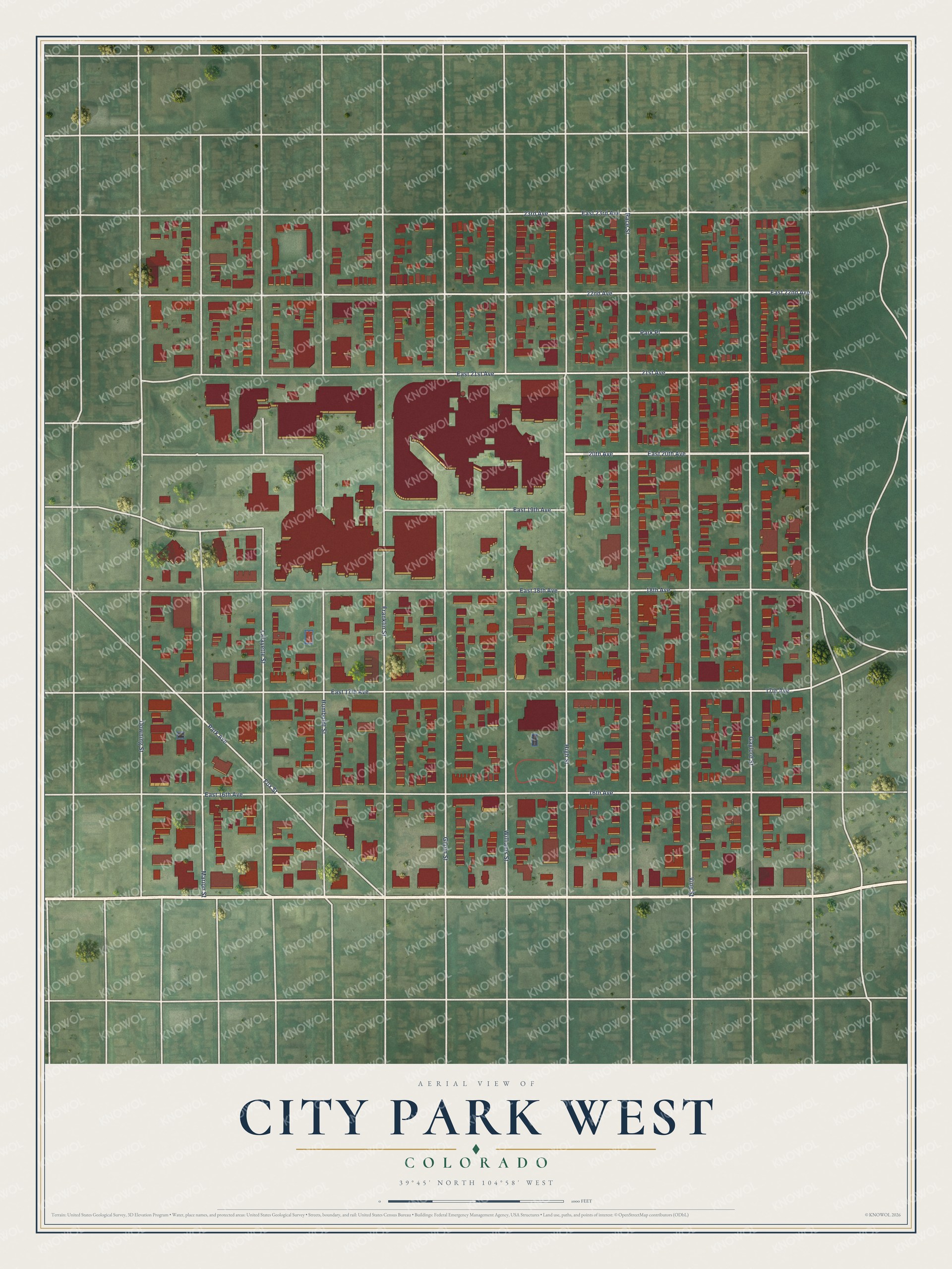 Full map of City Park West, Colorado, with red buildings, printed street names and the land around them