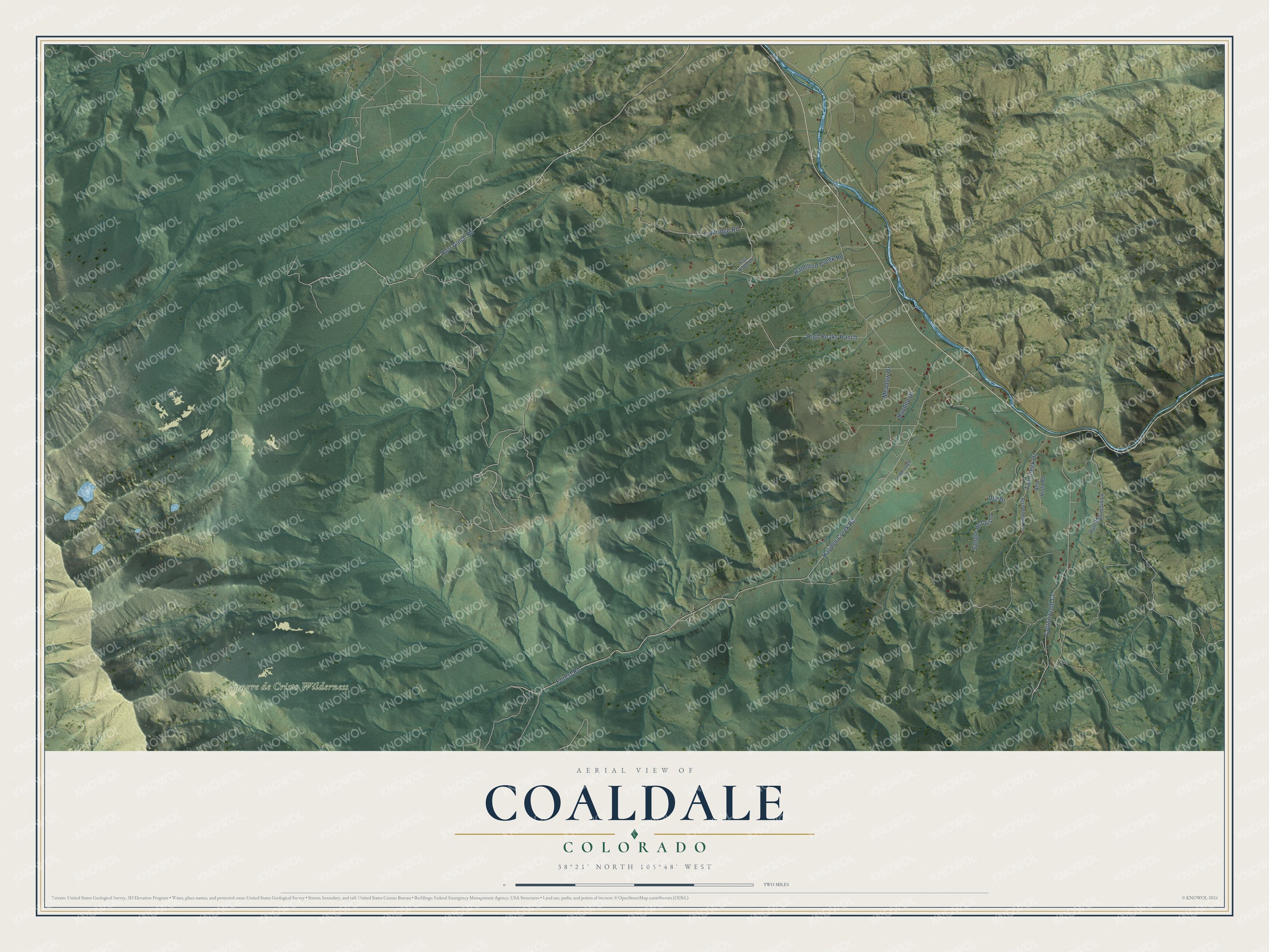 Full map of Coaldale, Colorado, with red buildings, printed street names and the land around them