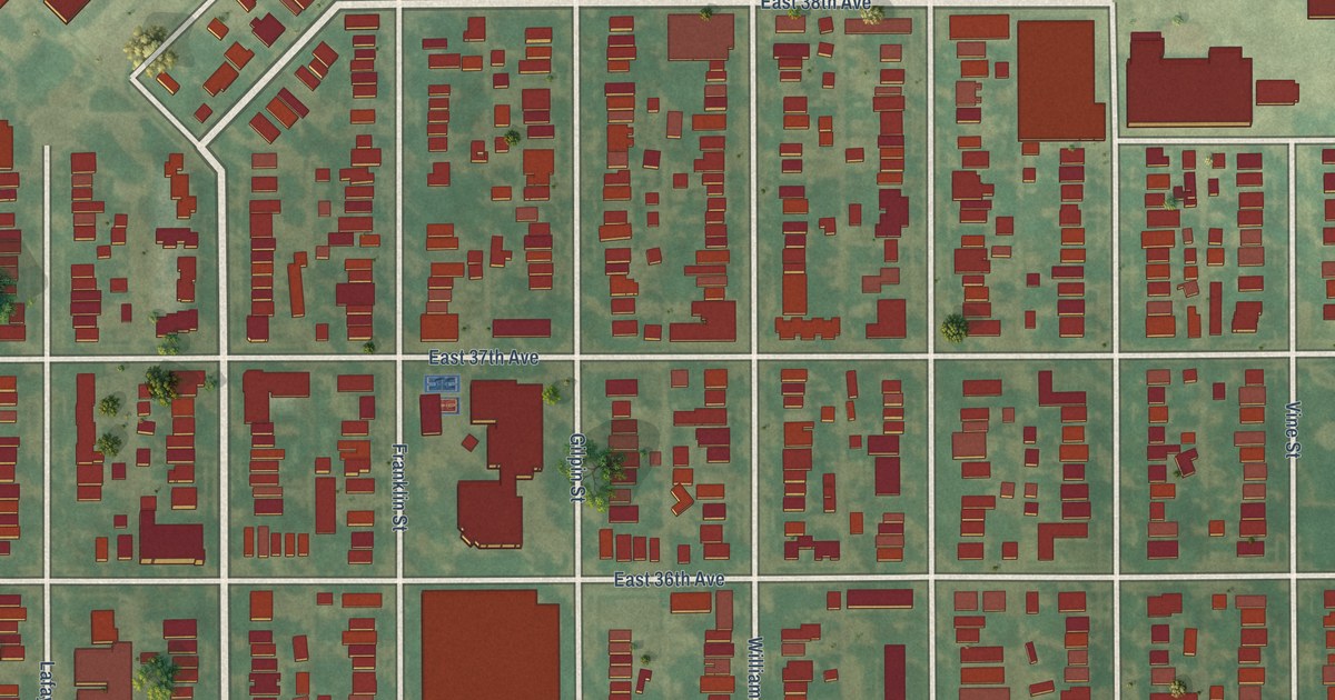Close-up of streets and buildings in Cole, Colorado