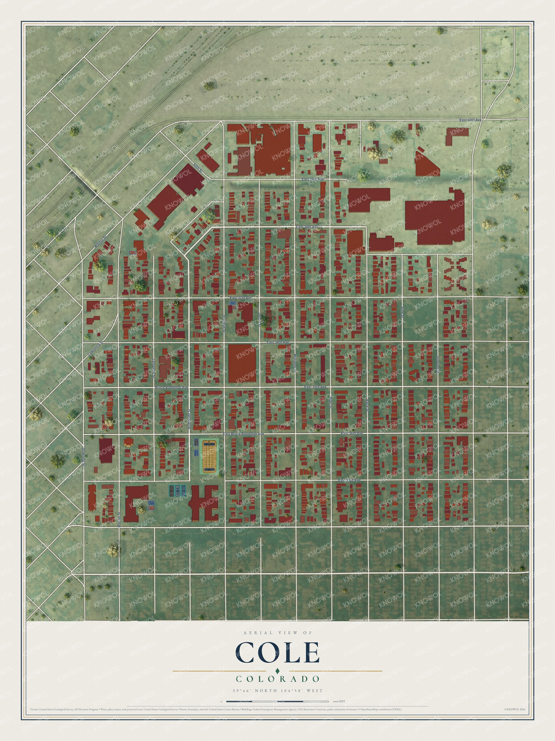 Full map of Cole, Colorado, with red buildings, printed street names and the land around them
