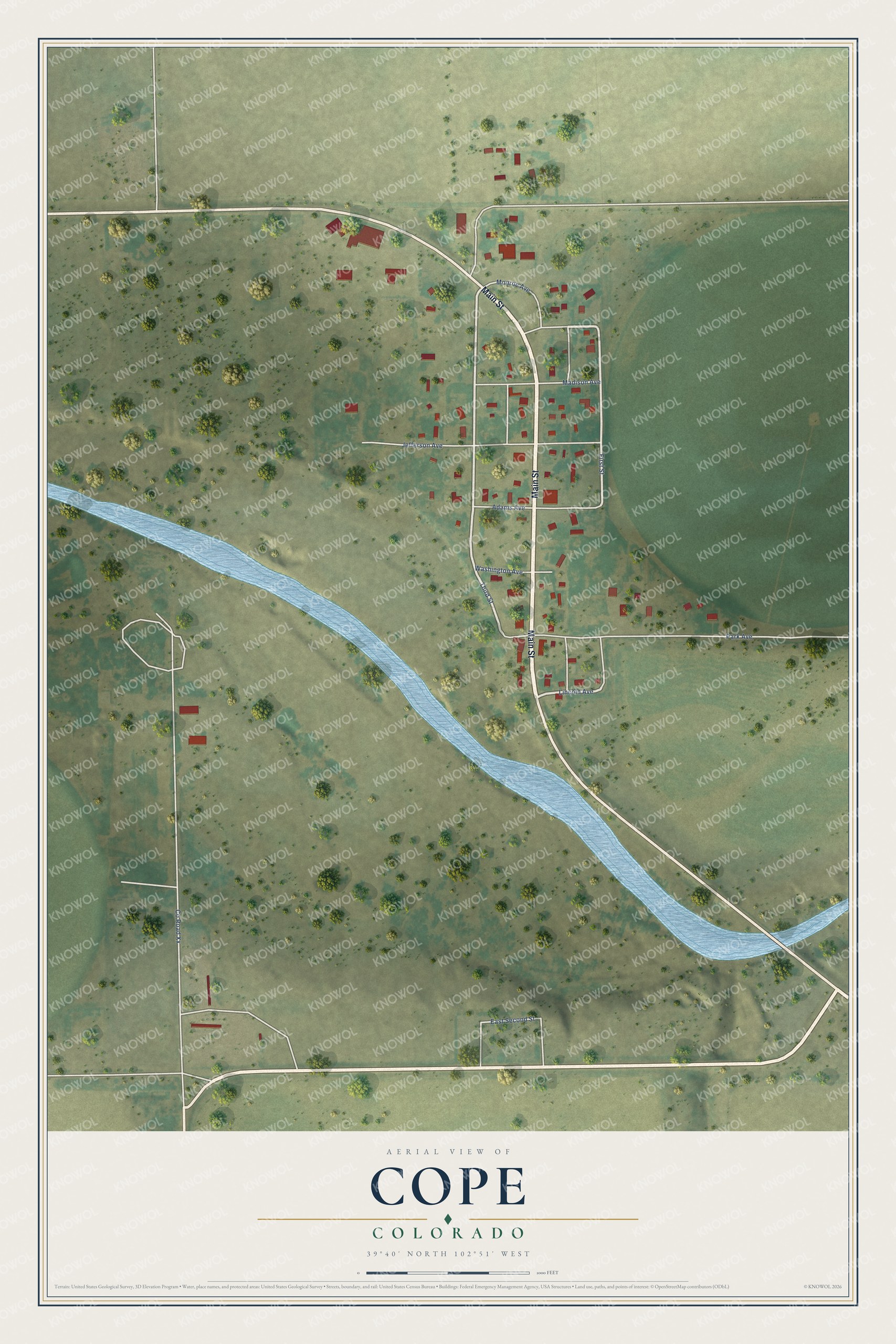Full map of Cope, Colorado, with red buildings, printed street names and the land around them