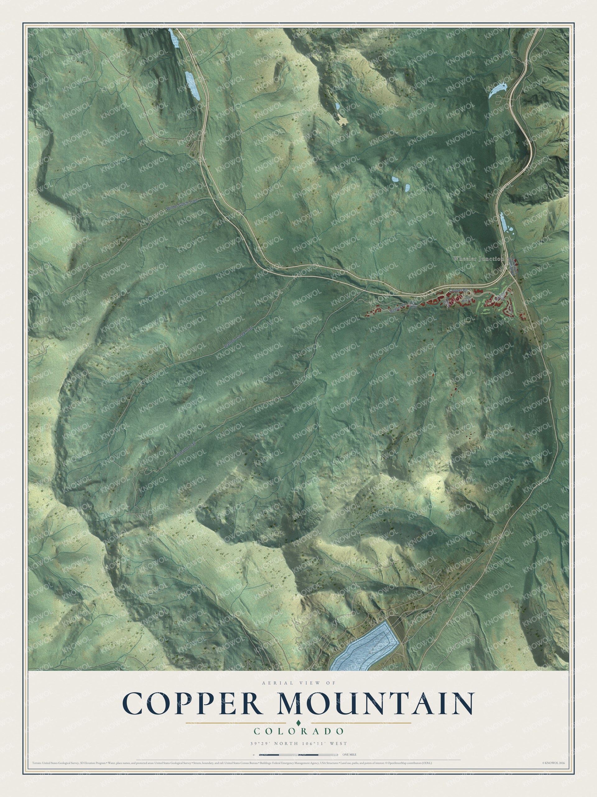 Full map of Copper Mountain, Colorado, with red buildings, printed street names and the land around them