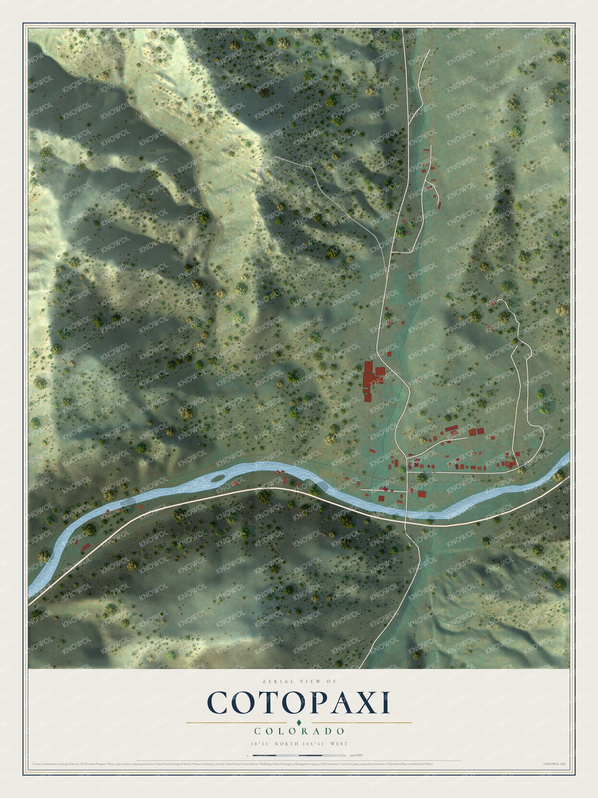 Full map of Cotopaxi, Colorado, with red buildings, printed street names and the land around them