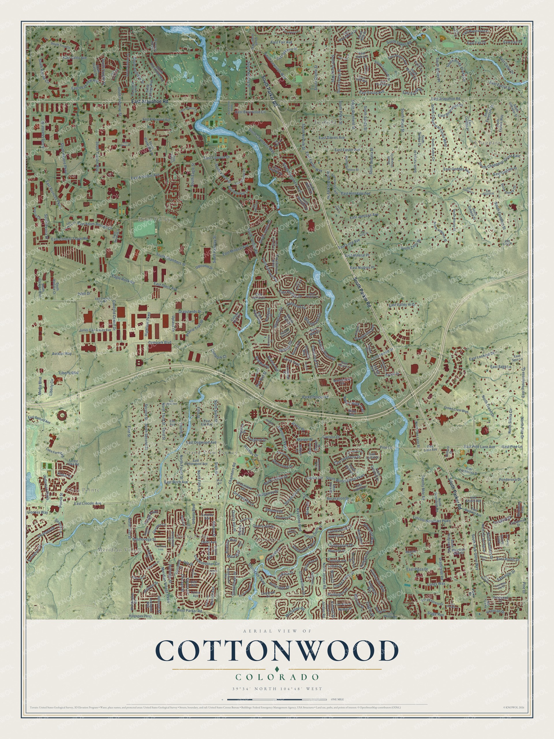 Full map of Cottonwood, Colorado, with red buildings, printed street names and the land around them