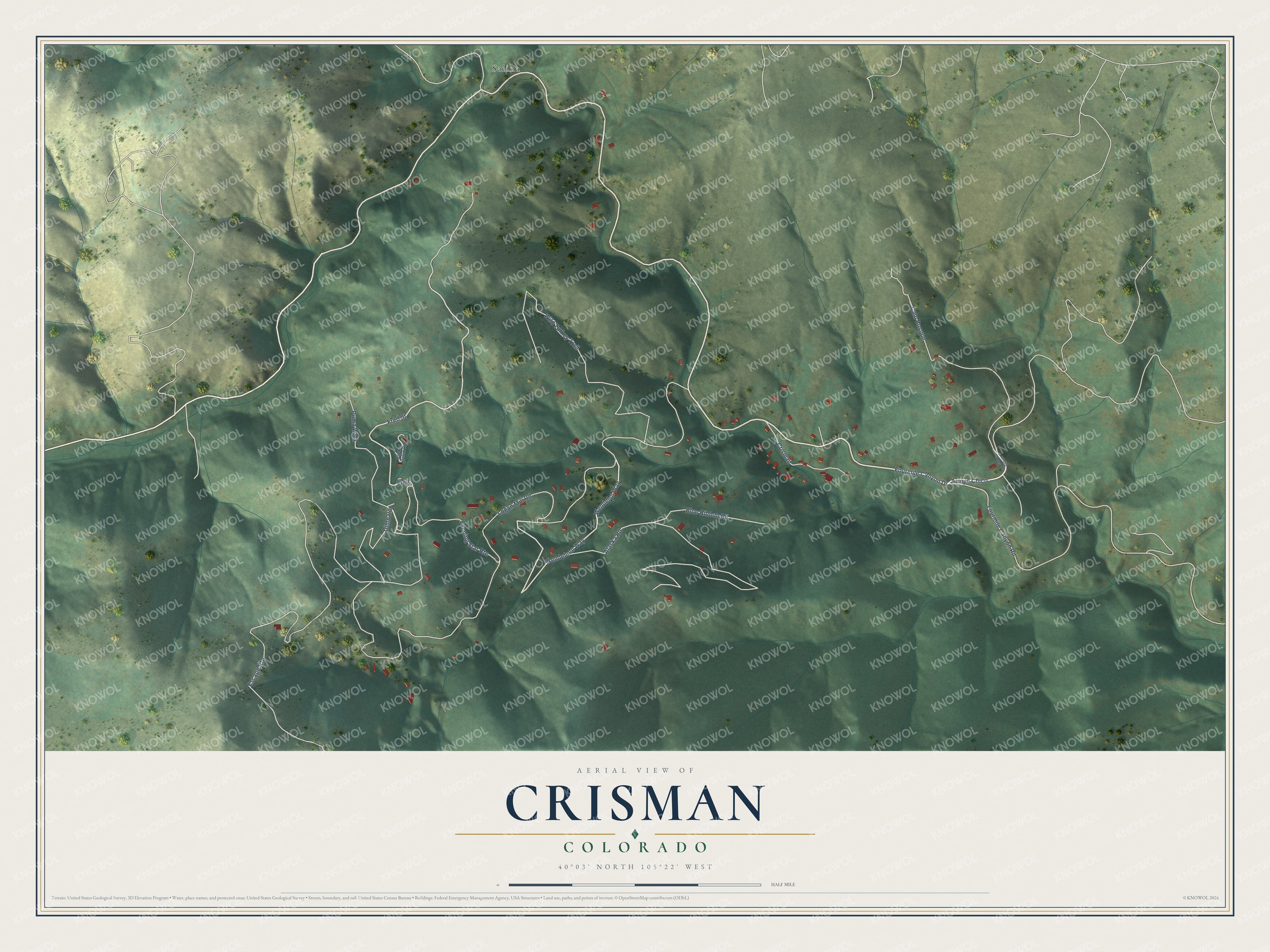 Full map of Crisman, Colorado, with red buildings, printed street names and the land around them