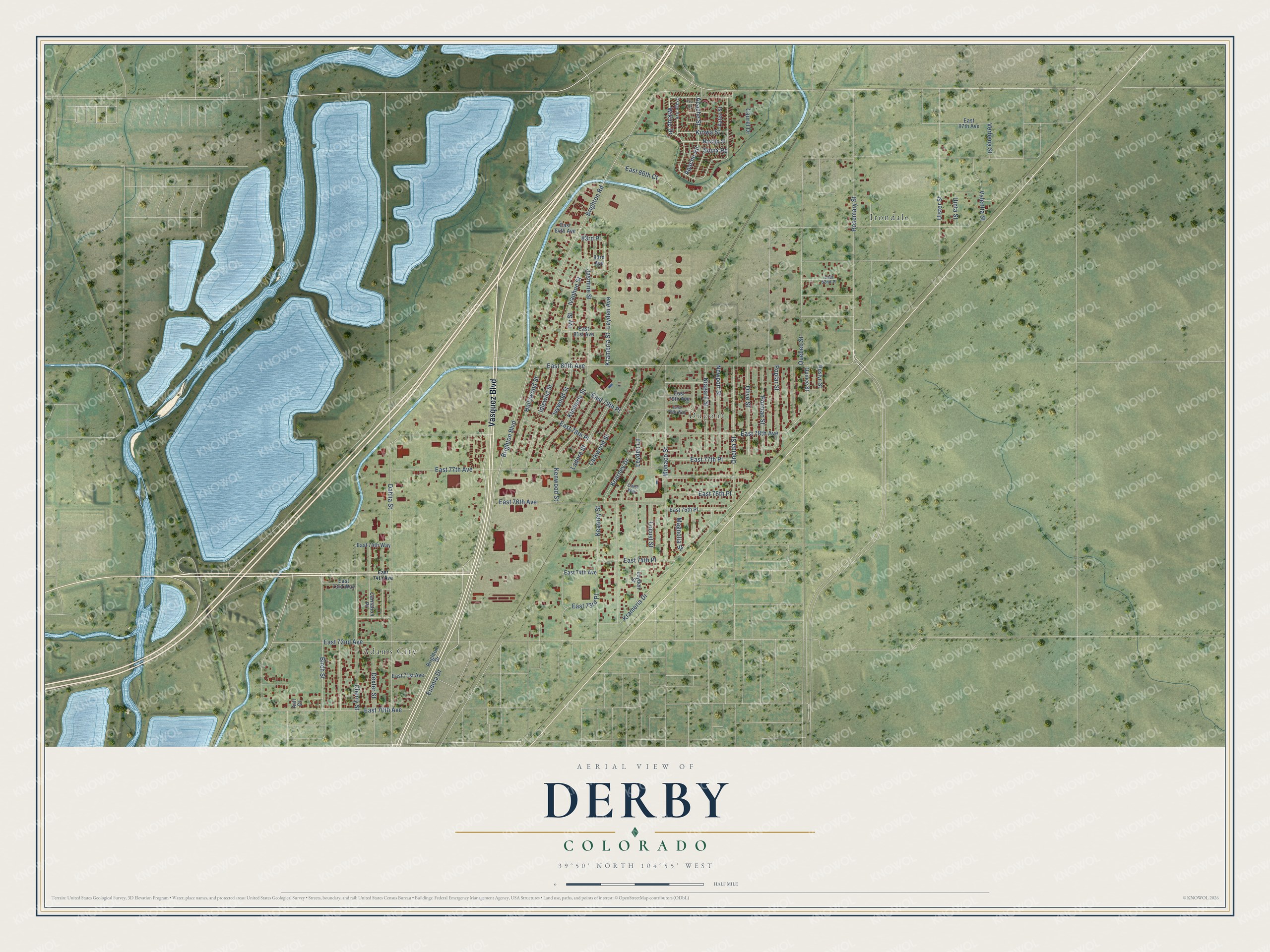 Full map of Derby, Colorado, with red buildings, printed street names and the land around them