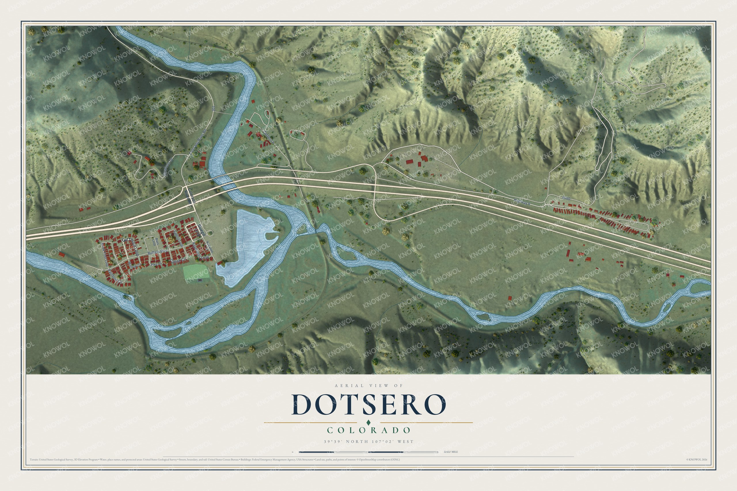 Full map of Dotsero, Colorado, with red buildings, printed street names and the land around them